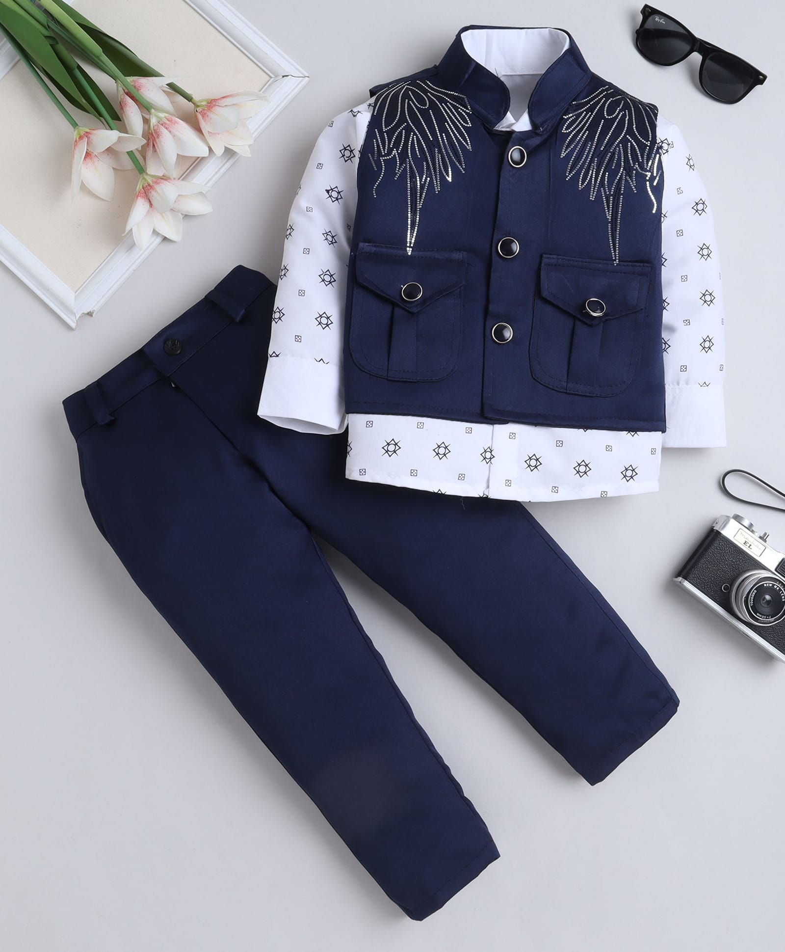 Fourfolds Woven Full Sleeves Sequins Embellished 3 Piece Party Suit Set - Navy Blue-image-28