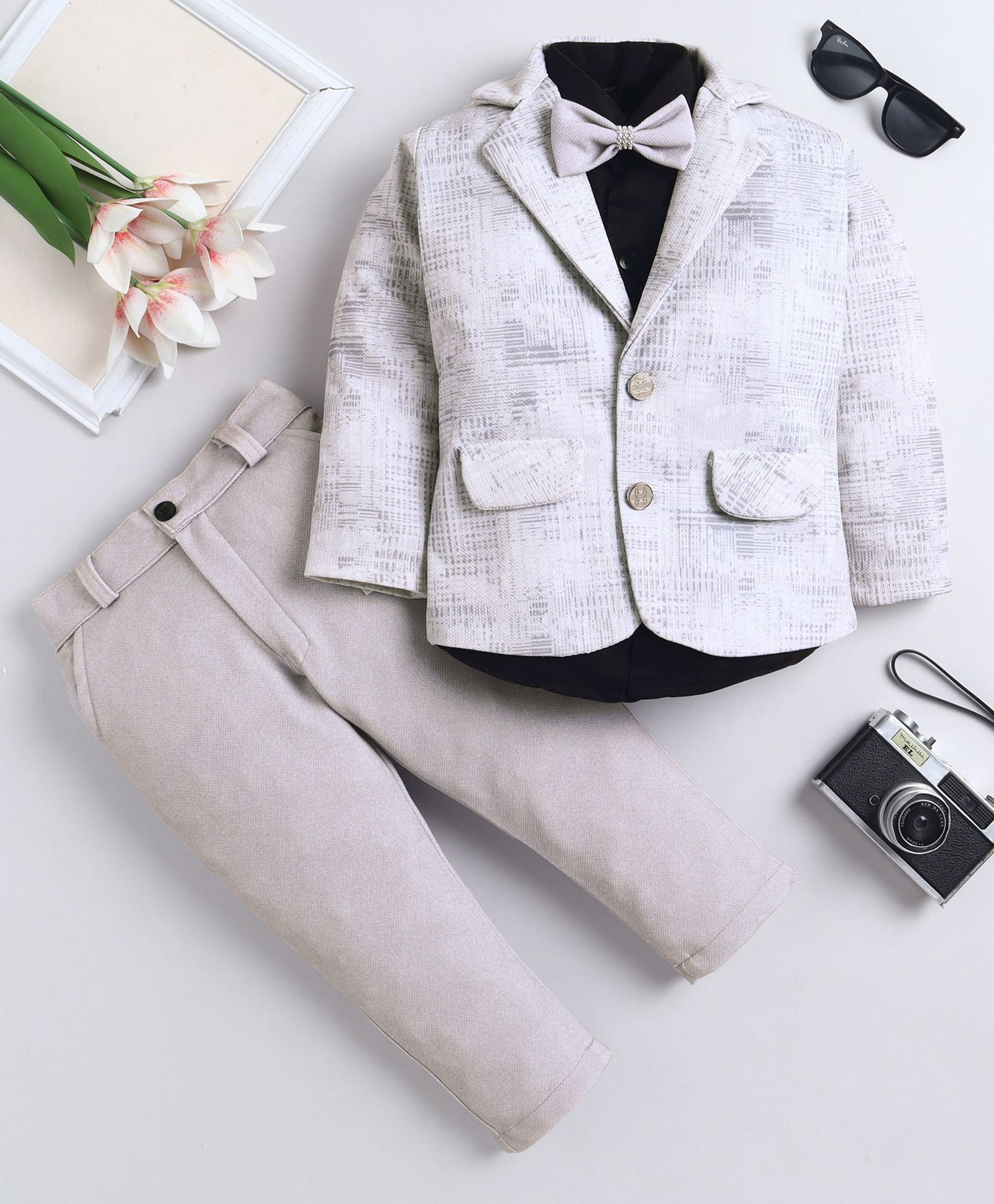 Fourfolds Cotton Blend Woven Full Sleeves Abstract Printed 3 Piece Party Suit Set With Bow - Beige-picture-17