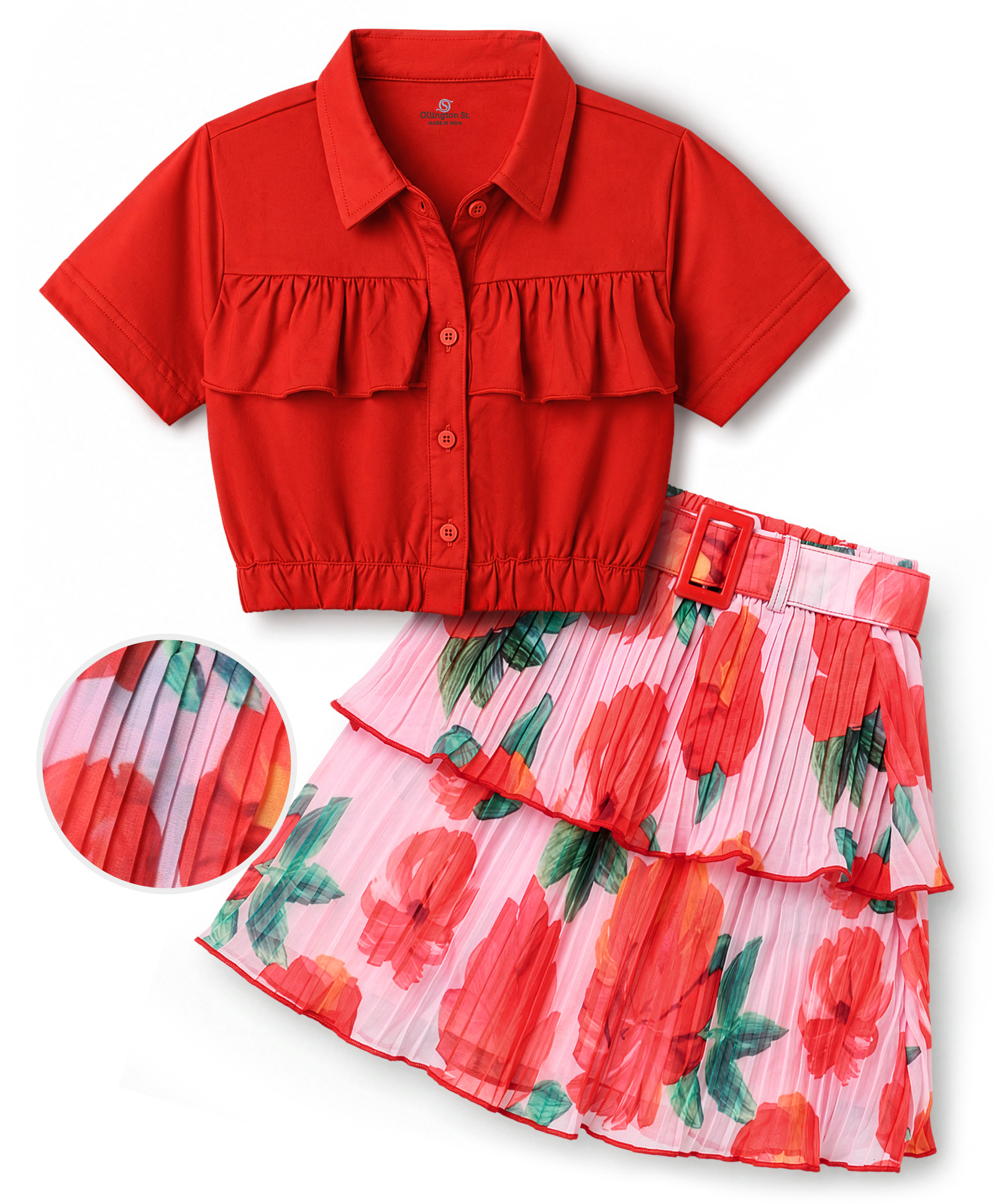 OLLINGTON ST. Cotton Sinker Knit Half Sleeves Top & Skirt Set With Floral Print - Red-picture-13