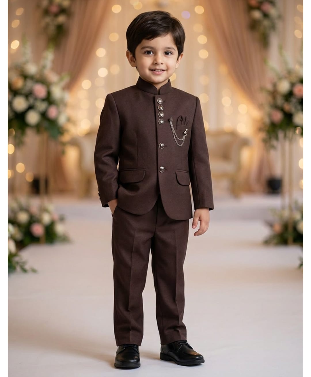Rikidoos Cotton Silk Woven Full Sleeve Solid Jodhapuri Brooch Detailing Coat With Pant - Brown-image-30