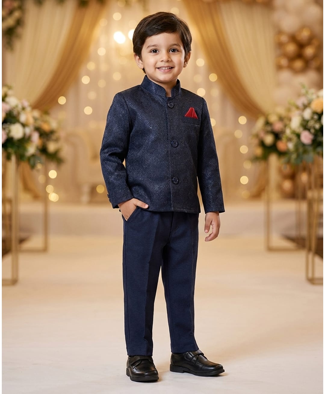 Rikidoos Cotton Silk Woven Full Sleeve Textured Jodhapuri Pocket Square Detailing Coat With Pant - Navy Blue-picture-16