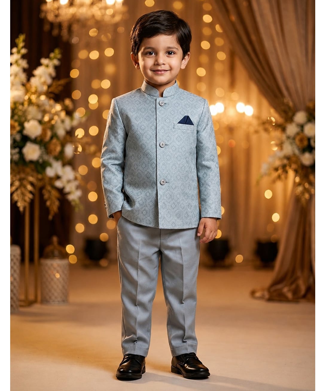 Rikidoos Cotton Woven Full Sleeve Textured Jodhapuri Pocket Square Detailing Coat With Pant - Mint Blue-picture-1