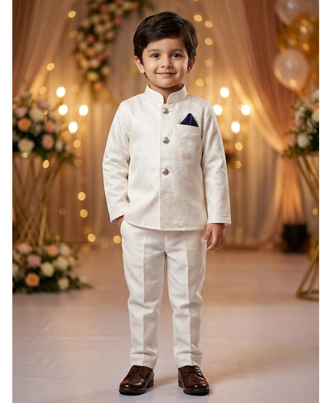 Rikidoos Cotton Woven Full Sleeve Textured Jodhapuri Pocket Square Detailing Coat With Pant - Off White-picture-43