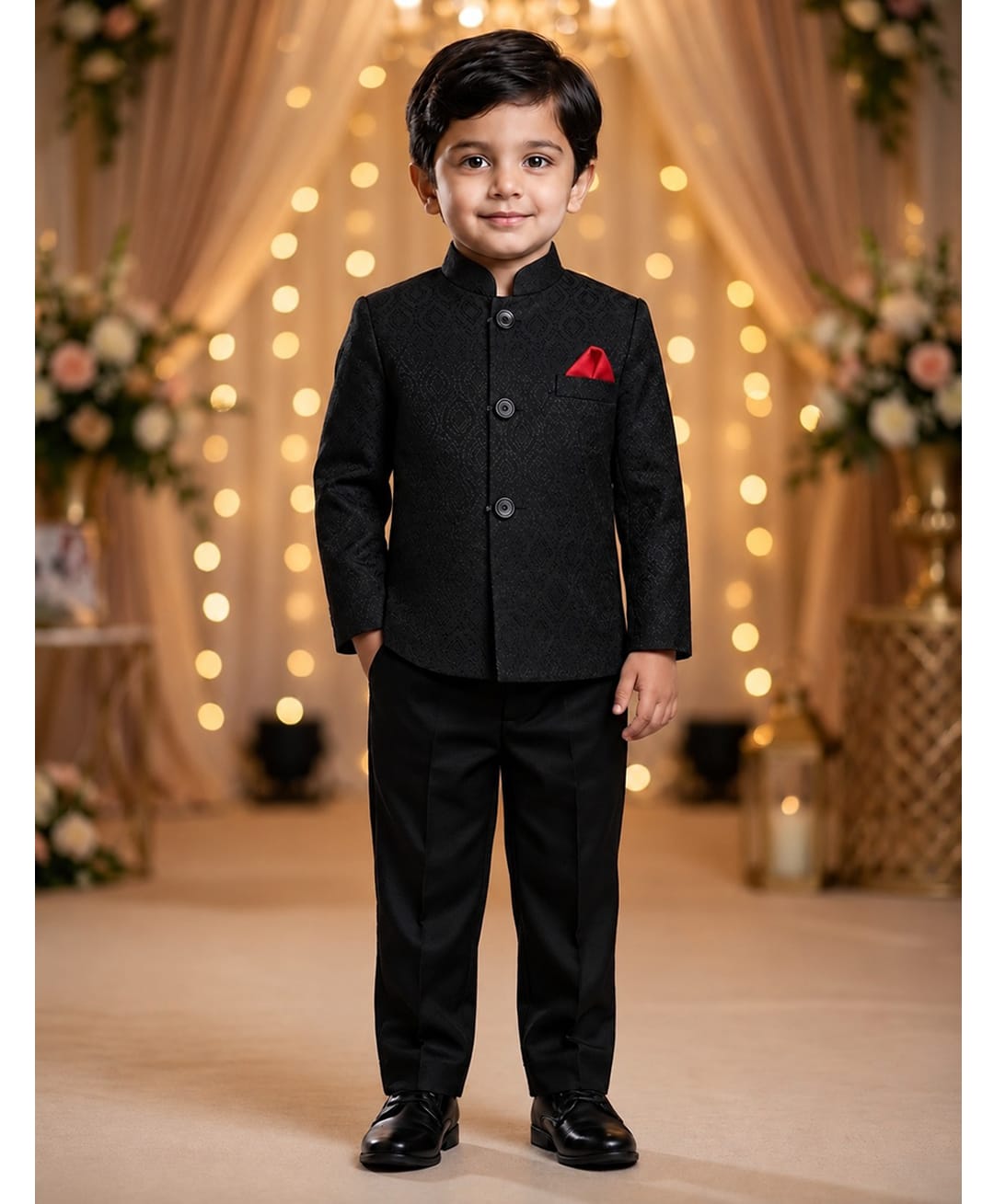 Rikidoos Cotton Woven Full Sleeve Textured Jodhapuri Pocket Square Detailing Coat With Pant - Black-picture-18