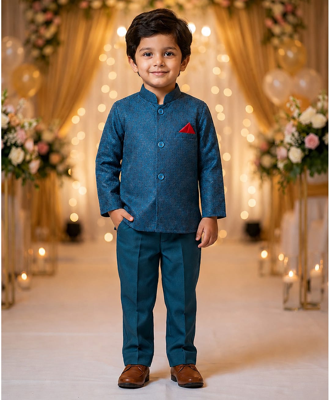 Rikidoos Cotton Woven Full Sleeve Textured Jodhapuri Pocket Square Detailing Coat With Pant - Teal Blue-picture-12