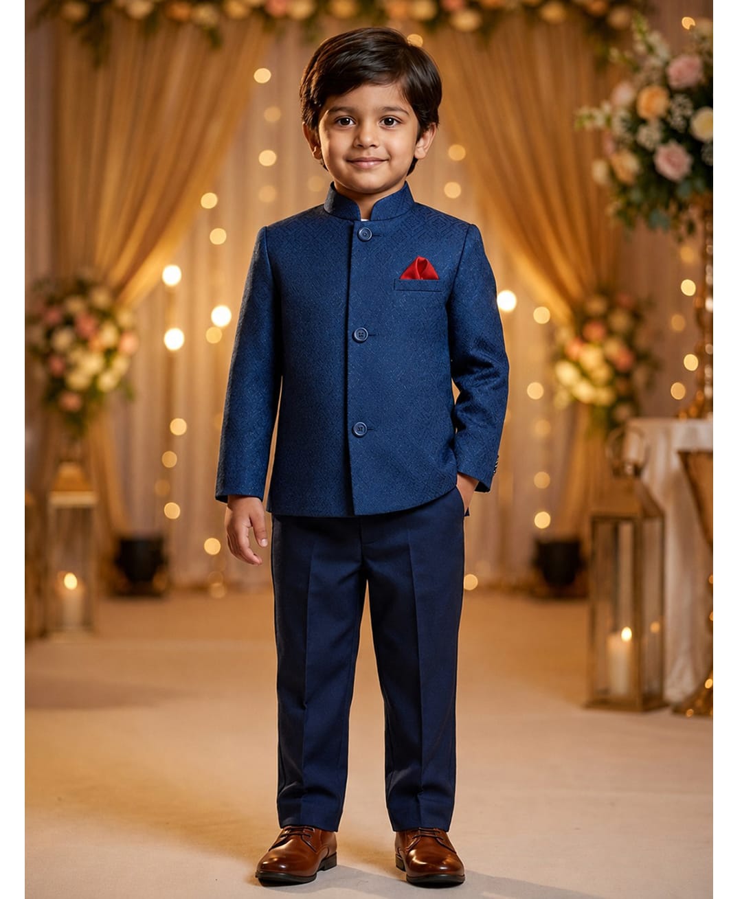 Rikidoos Cotton Woven Full Sleeve Textured Jodhapuri Pocket Square Detailing Coat With Pant - Navy Blue-picture-8