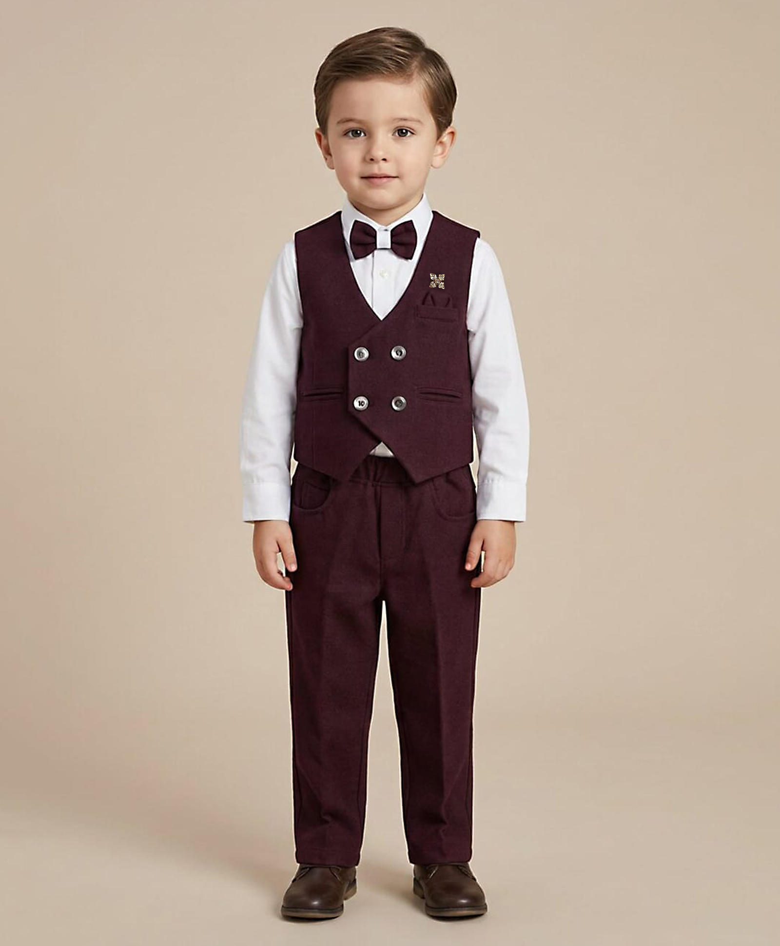 Rikidoos Cotton Woven 3 Piece Set Full Sleeve Shirt & Pant With Waist Coat & Bow - Wine & White-picture-45