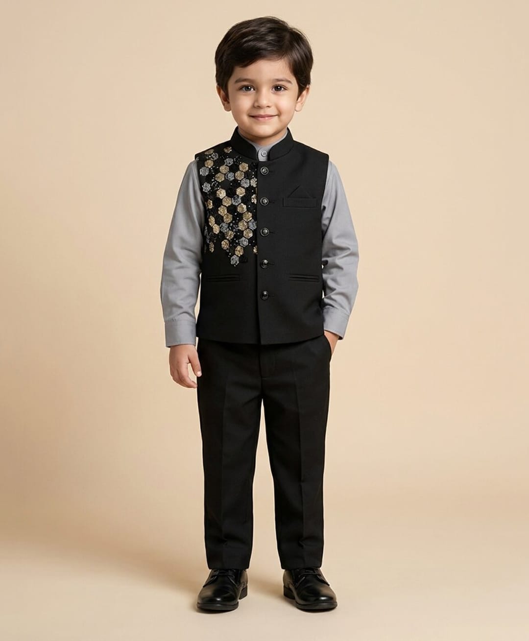 Rikidoos Cotton Woven Full Sleeve 3 Piece Party Suits With Sequin Detailing & Bow - Black & Grey-picture-24