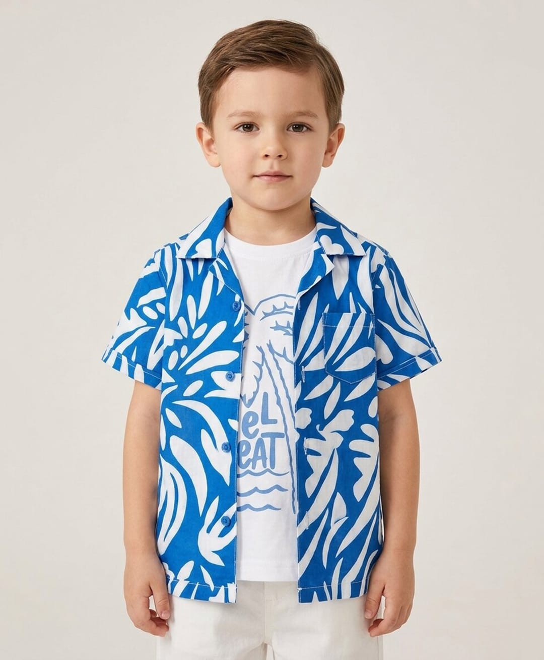 Rikidoos Cotton Woven Box Style Shirt With Beach Theme Printed T-Shirt - Blue & White-picture-20