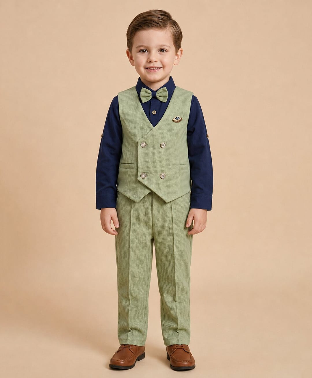 Rikidoos Cotton Woven Full Sleeve 3 Piece Textured Party Suits With Evil Eye Brooch - Olive & Navy-picture-38