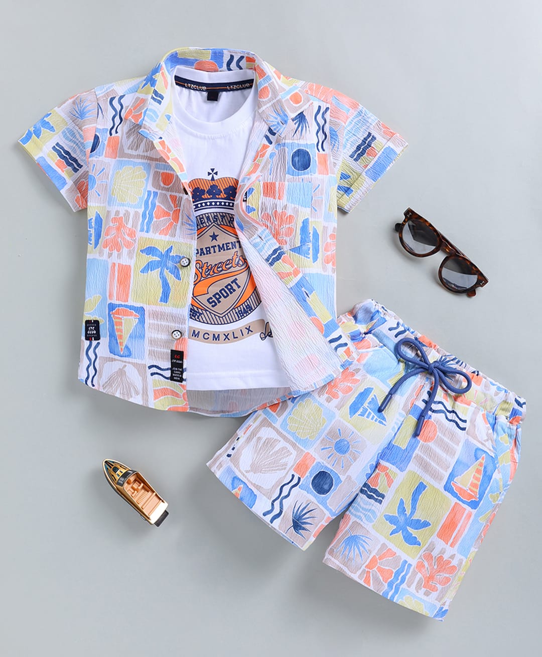LTZ CLUB Textile Knit Half Sleeves Beach Theme Printed Coordinating Shirt & Shorts With Tee Set - Sky Blue-image-41