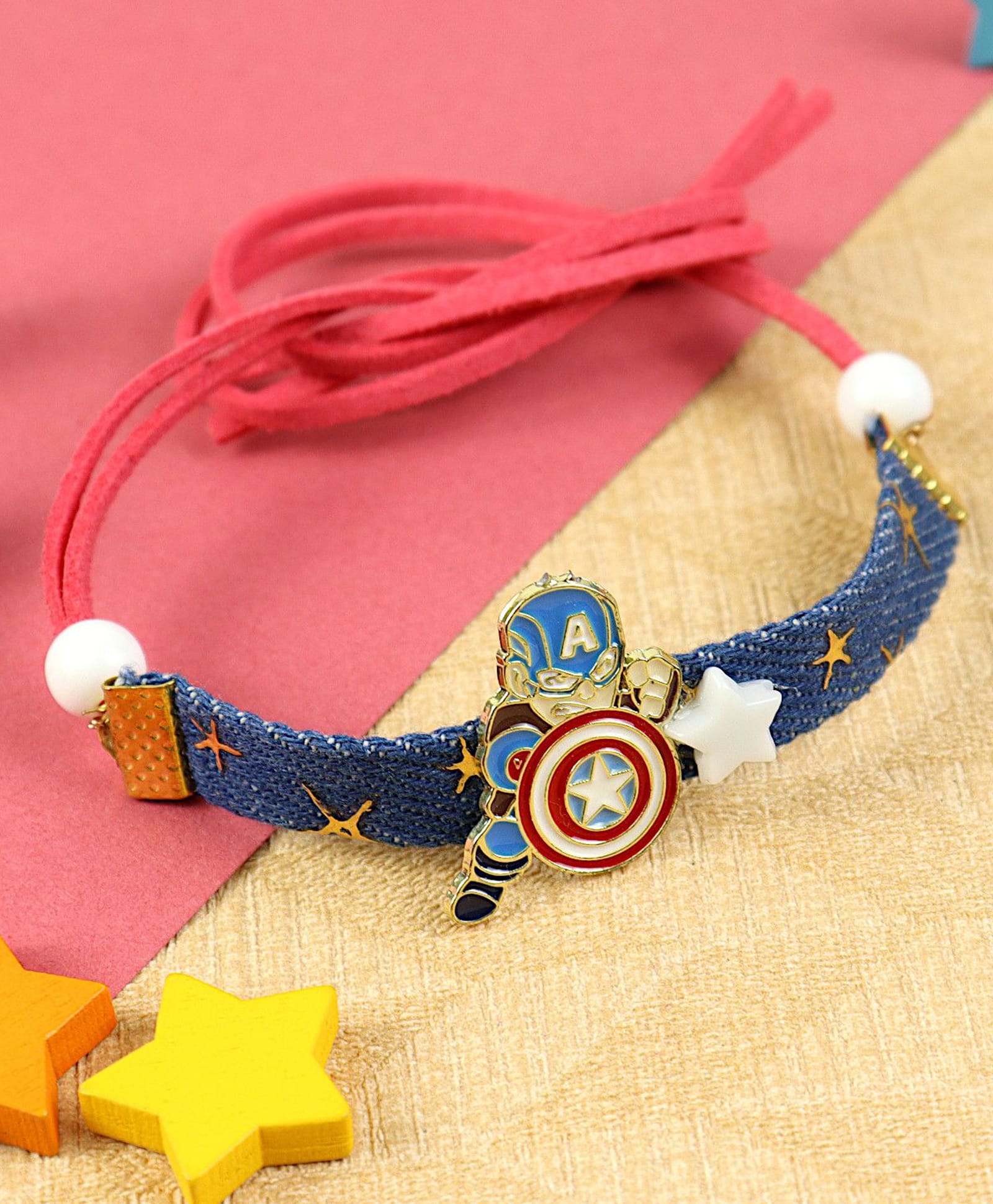 Asthetika Superhero Charm Denim Belt Rakhi with Roli Chawal - Red Blue-image-31