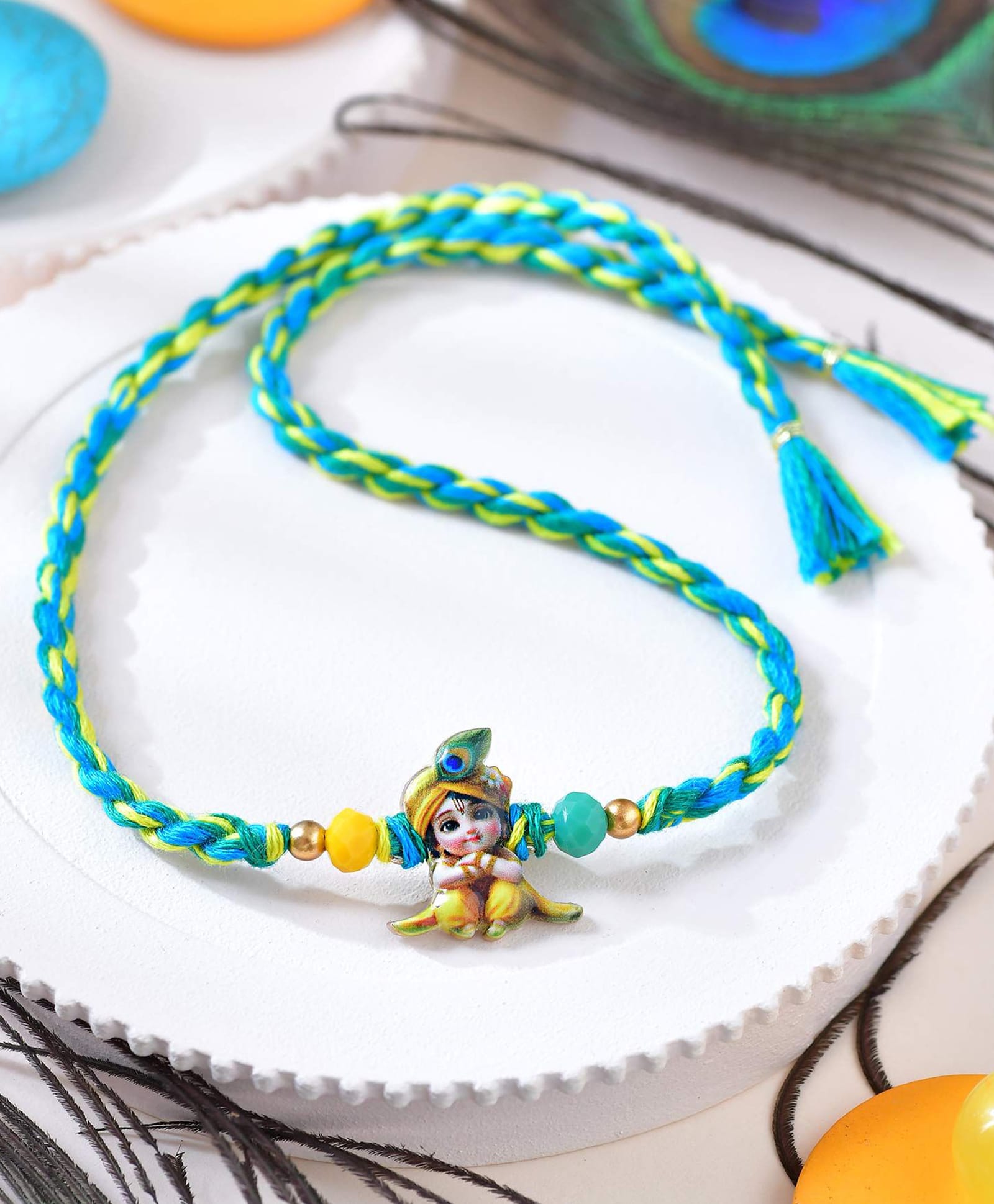 Asthetika Krishna Rakhi with Roli Chawal - Green & Yellow-picture-22
