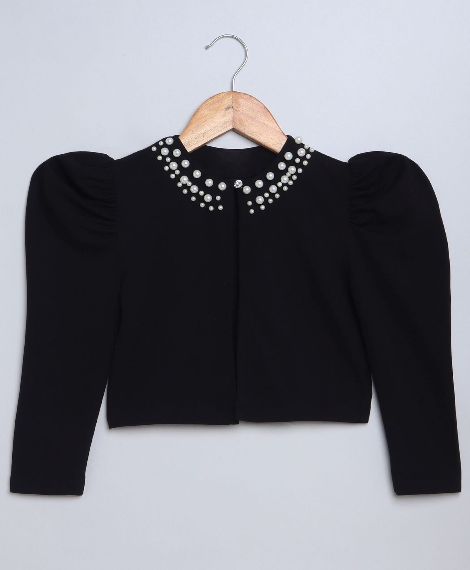 Bright Stars KIDSWEAR Knit Full Puffed Sleeves Pearls Embellished Shrug - Black-image-23