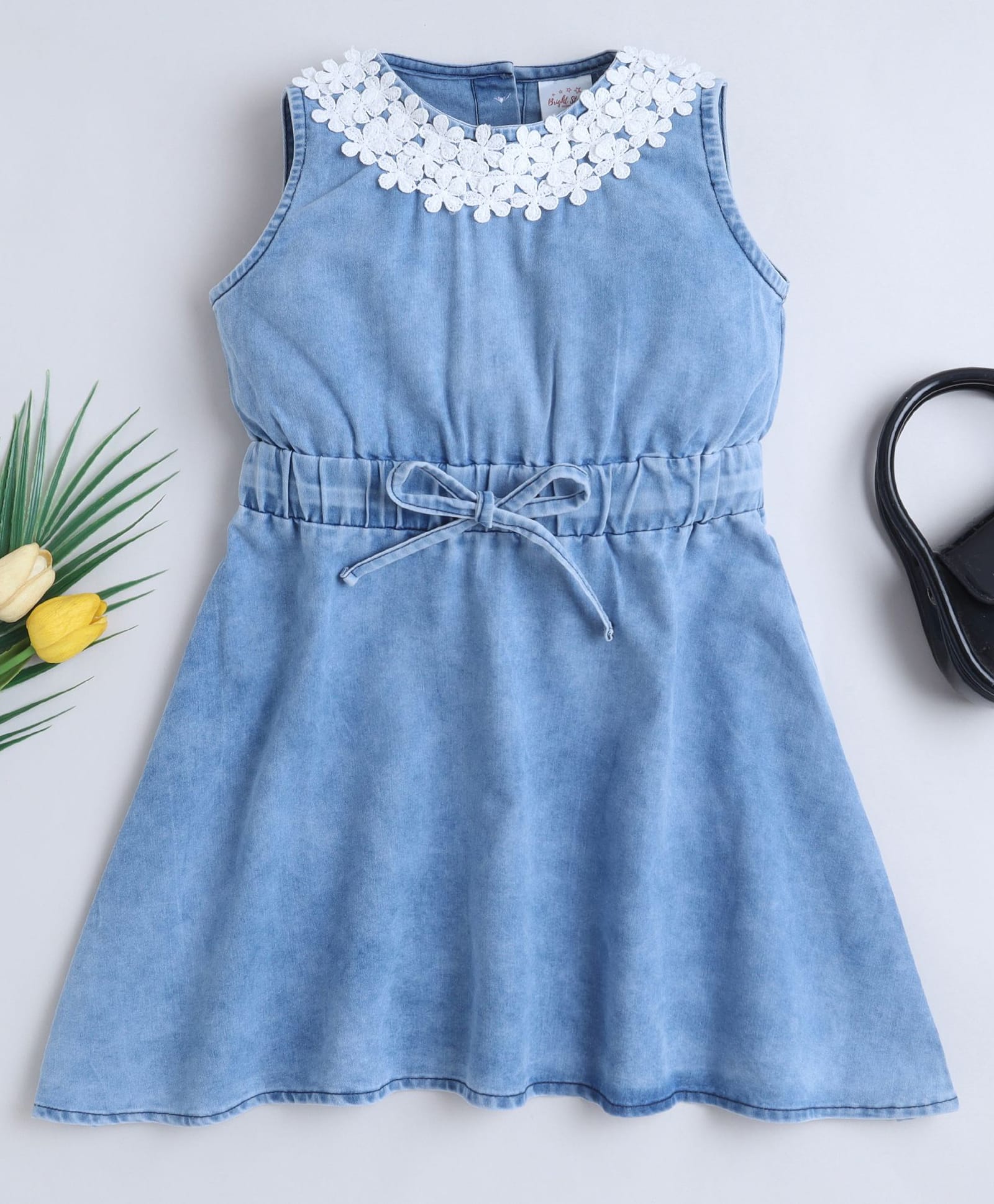 Bright Stars Kidswear Denim Sleeveless Floral Embroidered Dress - Blue-image-26