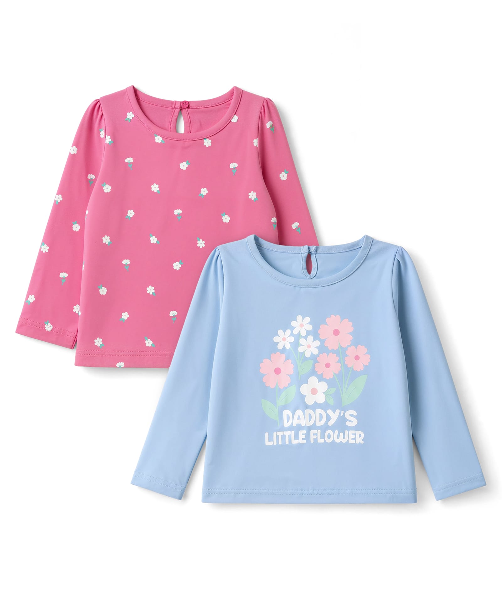 Babyhug Cotton Knit T-Shirts with Full Sleeves and Floral Print Pack of 2 - Pink & Light Blue-image-1