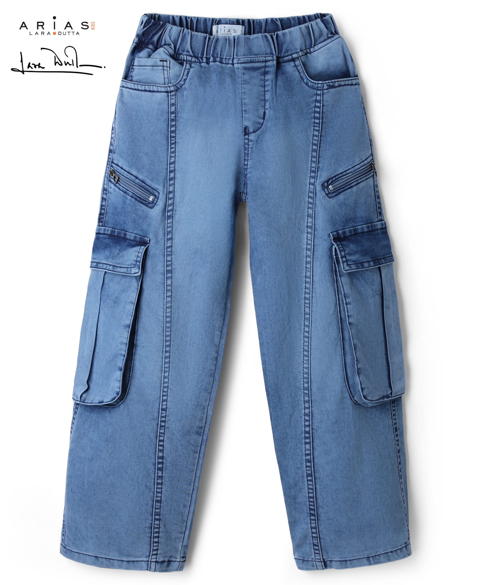 arias by lara dutta Arias Cotton Elastane Woven Full Length Mid Washed Denim Carrot fit Jeans With Cargo Pockets - Blue-picture-14
