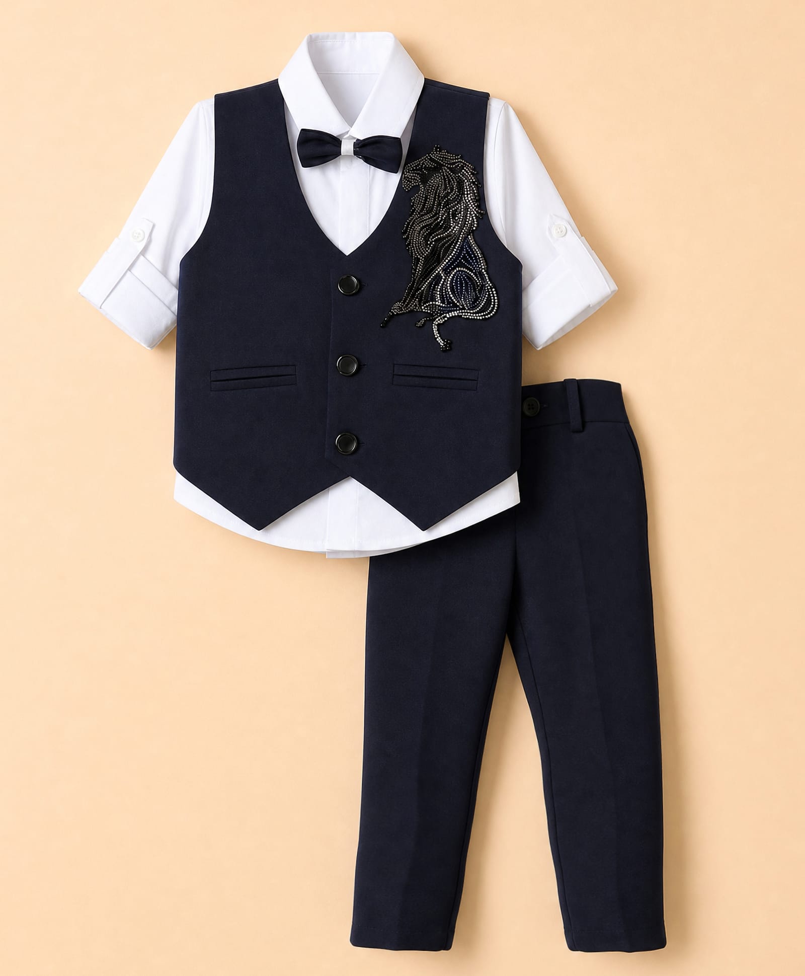Rikidoos Cotton Woven Full Sleeve 3 Piece Party Suits With Stone Embellished & Bow - Navy & White-picture-24