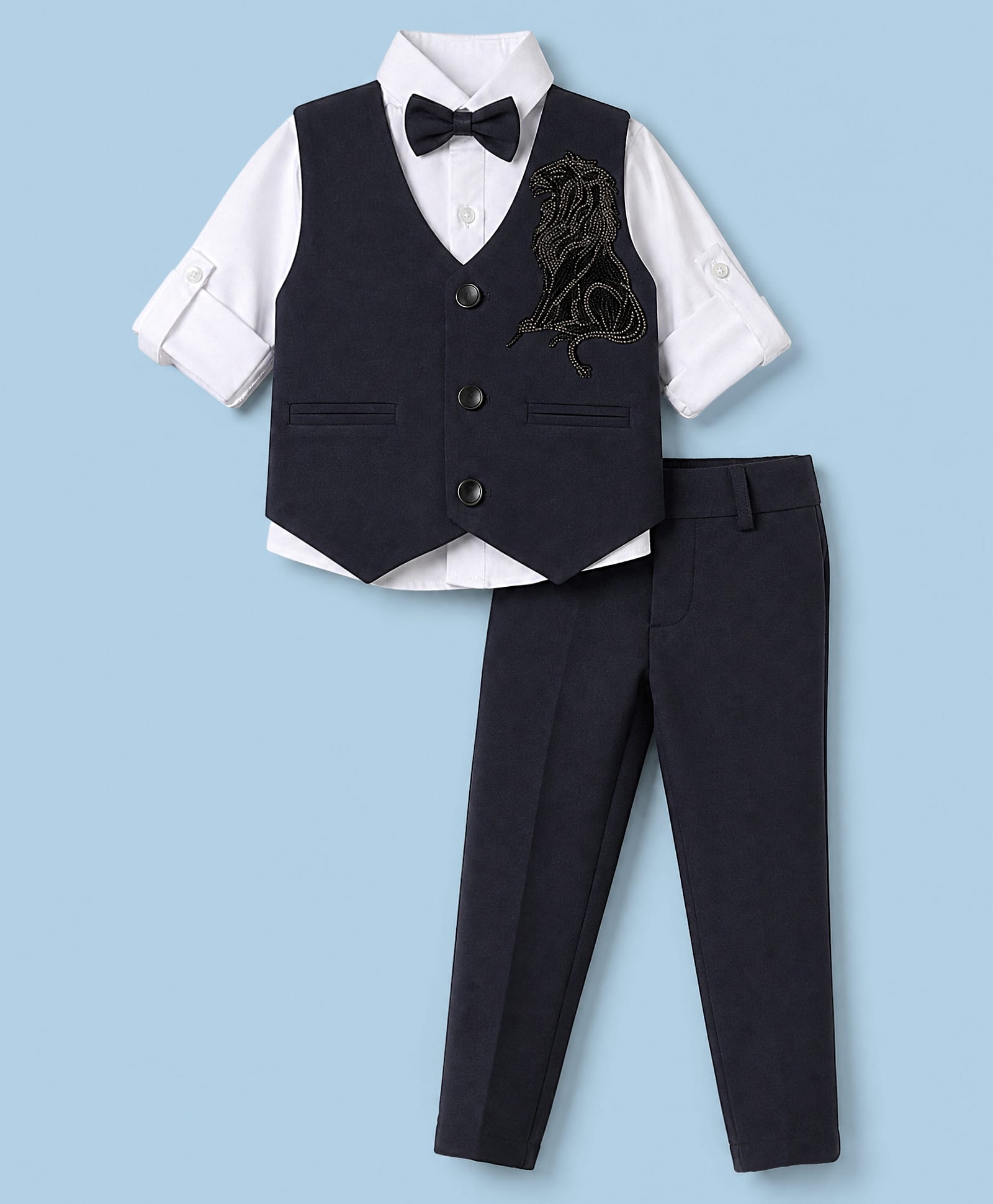 Rikidoos Cotton Woven Full Sleeve 3 Piece Party Suits With Stone Embellished & Bow - Charcoal Grey & White-picture-16