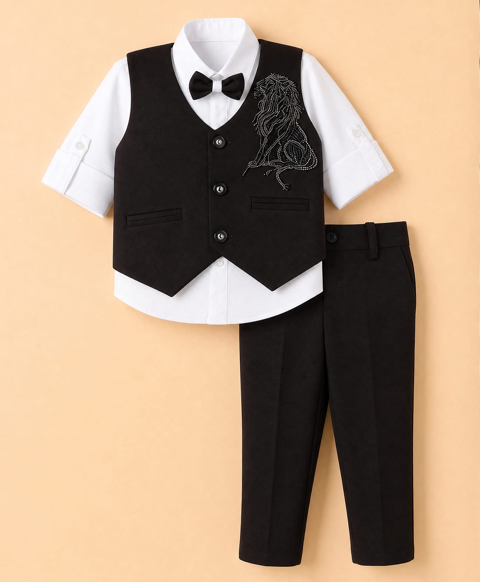 Rikidoos Cotton Woven Full Sleeve 3 Piece Party Suits With Stone Embellished & Bow - Brown & White-picture-26