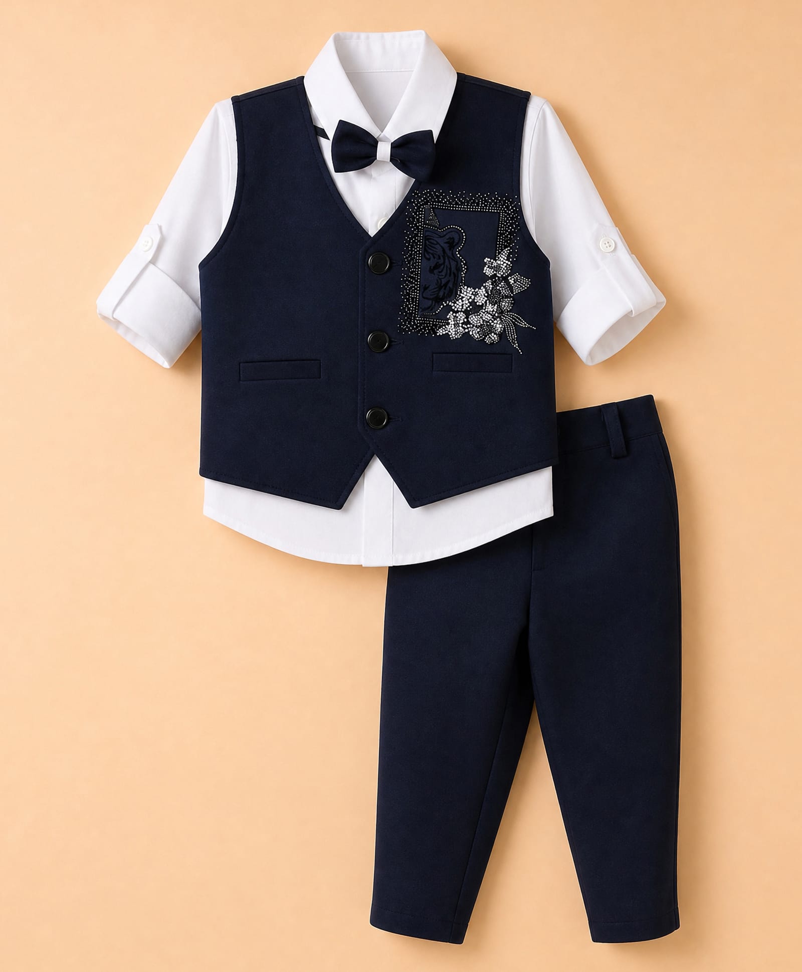 Rikidoos Cotton Woven Full Sleeve 3 Piece Party Suits With Stone Embellished & Bow - Navy & White-picture-31