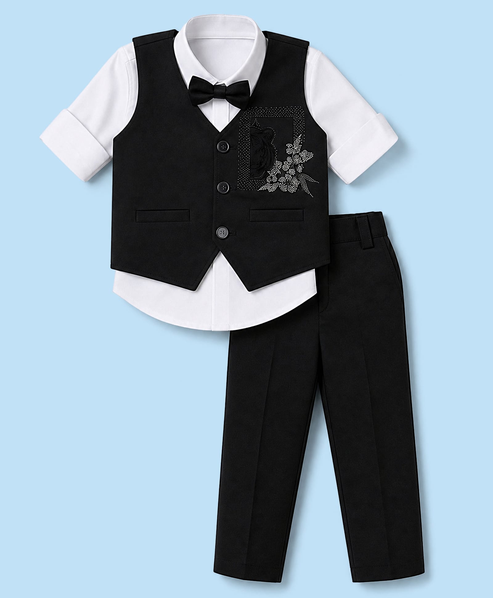 Rikidoos Cotton Woven Full Sleeve 3 Piece Party Suits With Stone Embellished & Bow - Black & White-picture-48
