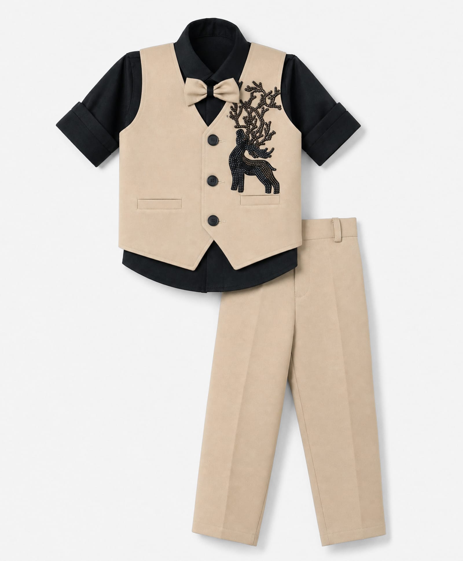 Rikidoos Cotton Woven Full Sleeve 3 Piece Party Suits With Stone Embellished & Bow - Beige & White-picture-20