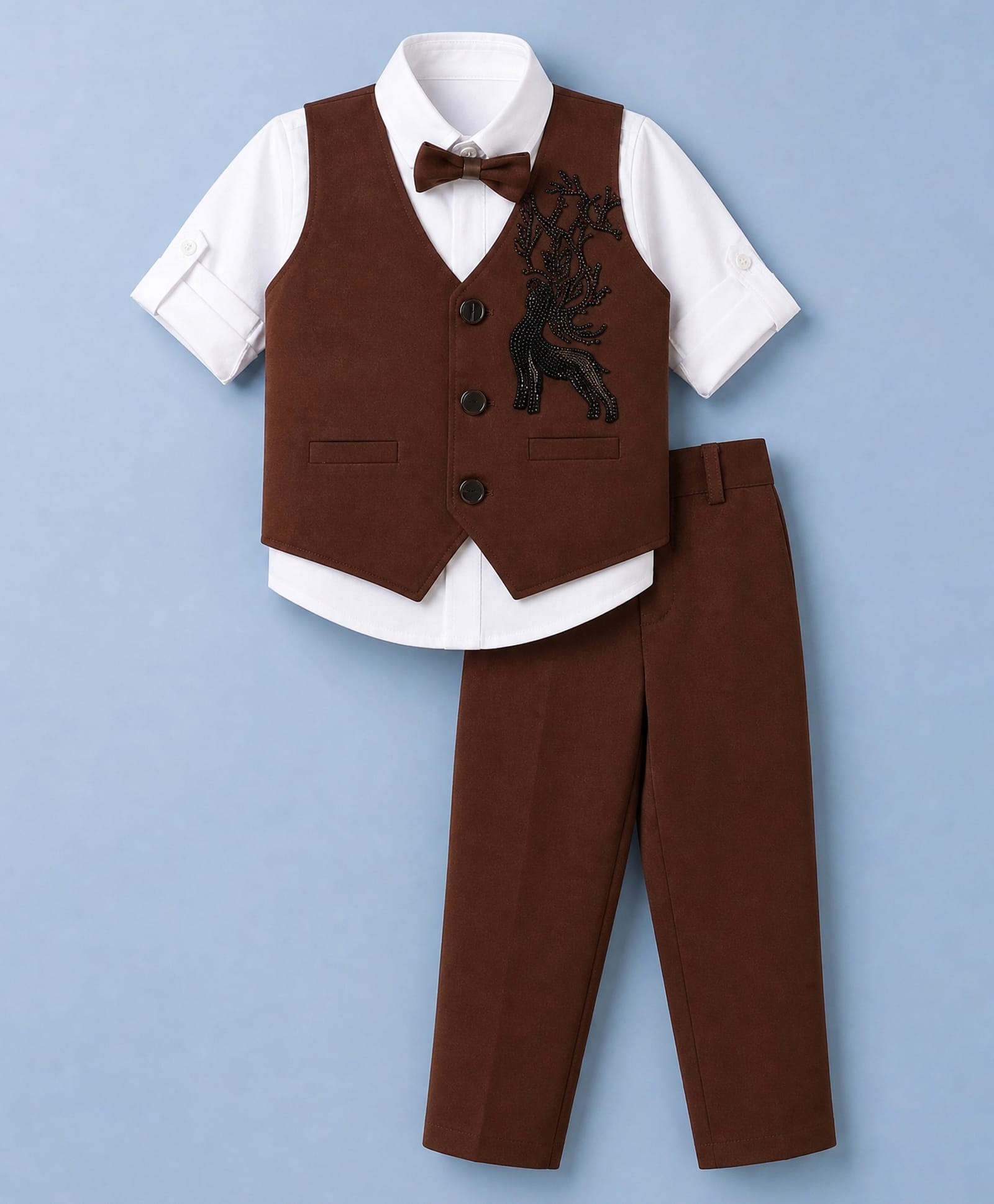 Rikidoos Cotton Woven Full Sleeve 3 Piece Party Suits With Stone Embellished & Bow - Brown & White-picture-37