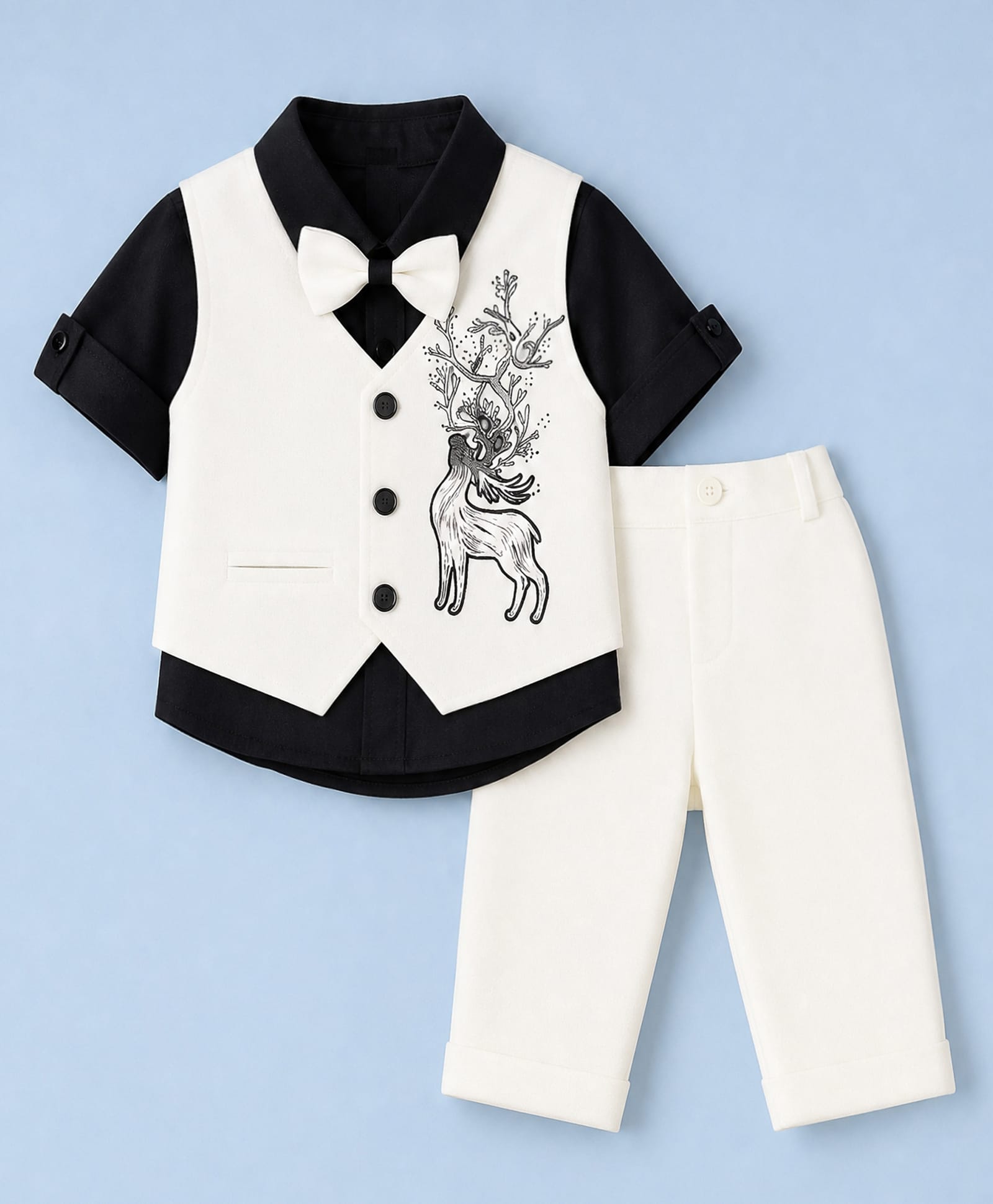 Rikidoos Cotton Woven Full Sleeve 3 Piece Party Suits With Stone Embellished & Bow - Navy & White-picture-11