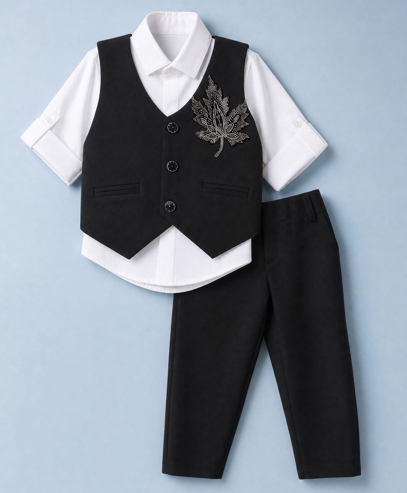 Rikidoos Cotton Woven Full Sleeve 3 Piece Party Suits With Stone Embellished & Bow - Black & White-picture-7