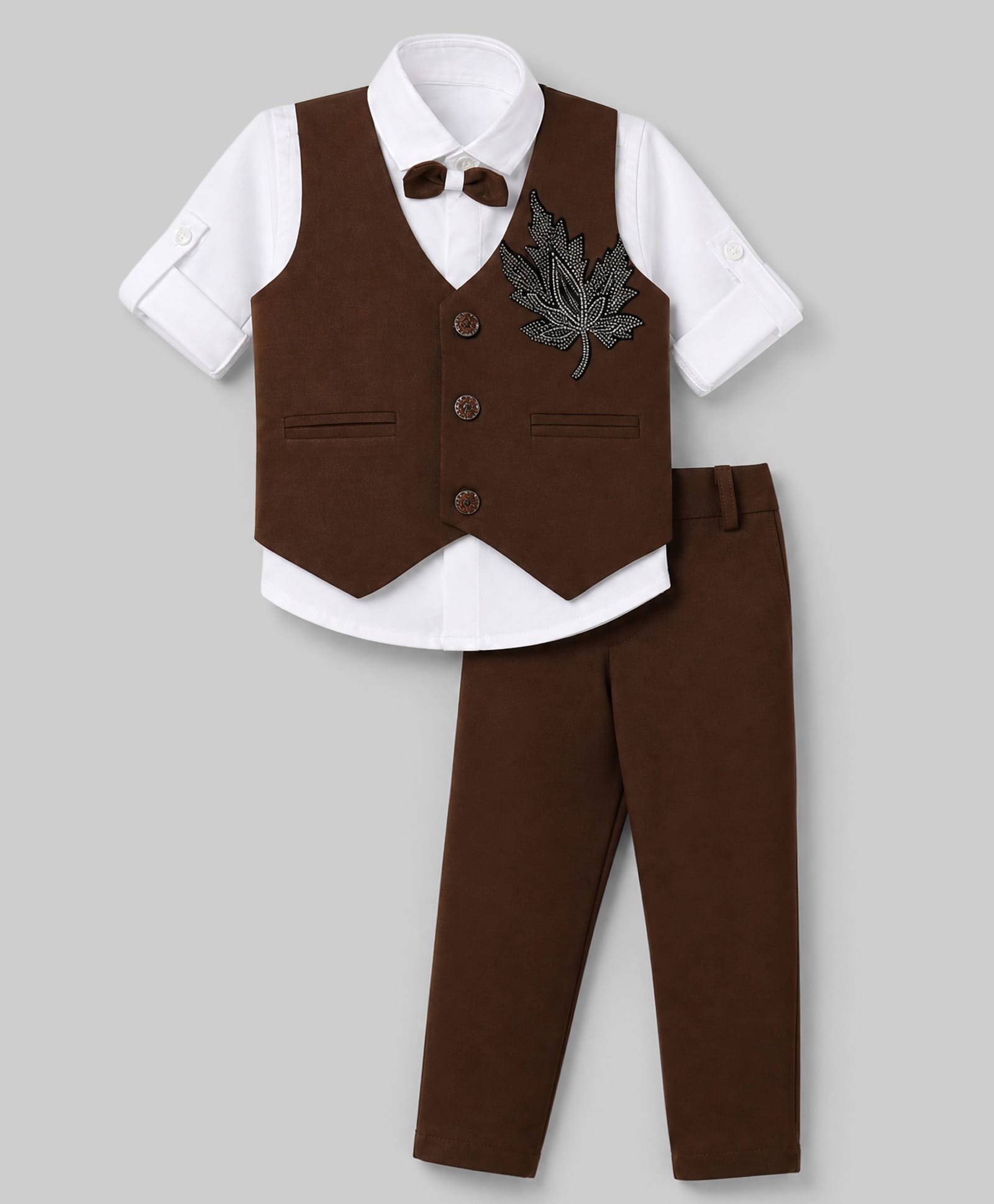 Rikidoos Cotton Woven Full Sleeve 3 Piece Party Suits With Stone Embellished & Bow - Brown & White-picture-13