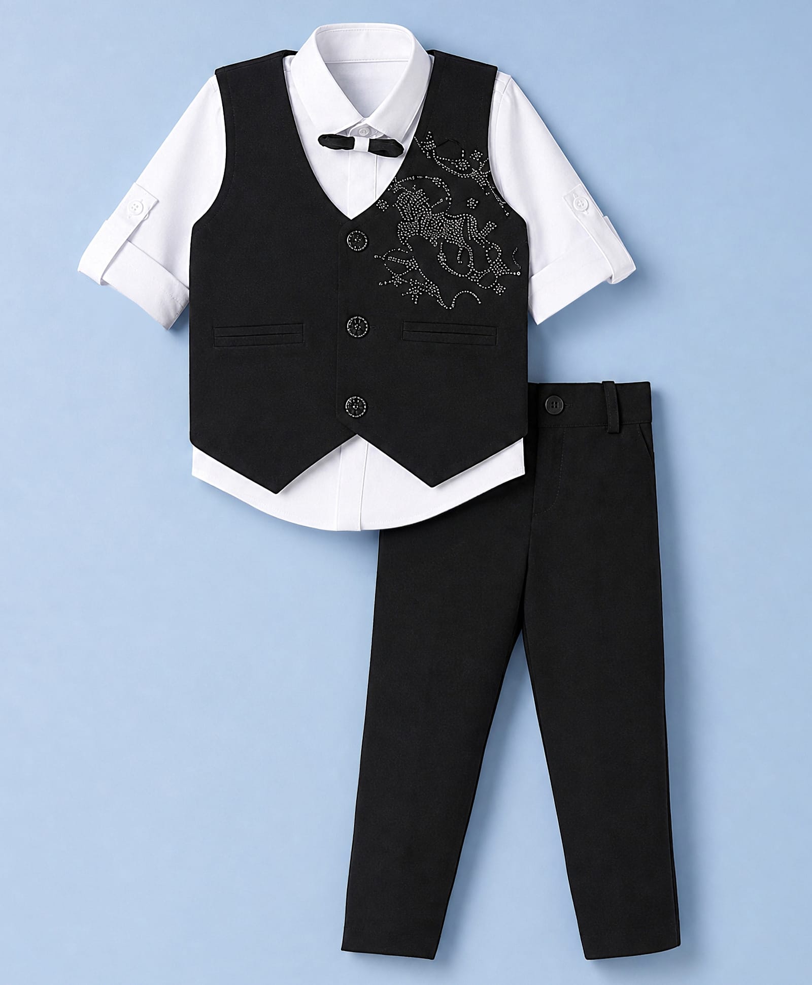 Rikidoos Cotton Woven Full Sleeve 3 Piece Party Suits With Stone Embellished & Bow - Black & White-picture-49