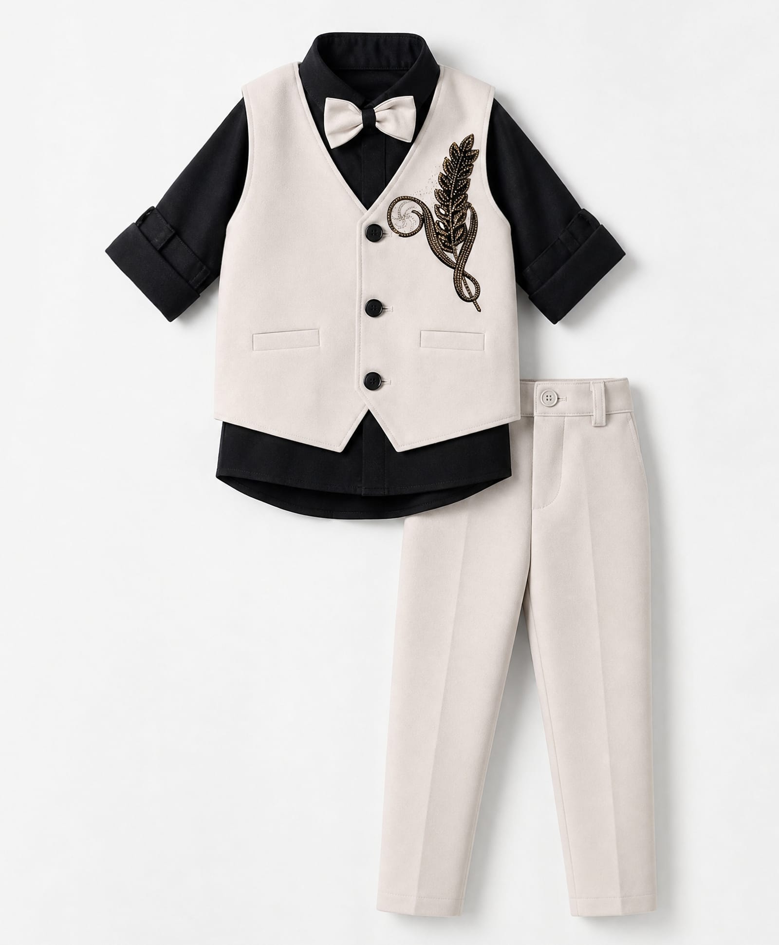 Rikidoos Cotton Woven Full Sleeve 3 Piece Party Suits With Stone Embellished & Bow - Light Grey & Black-picture-28