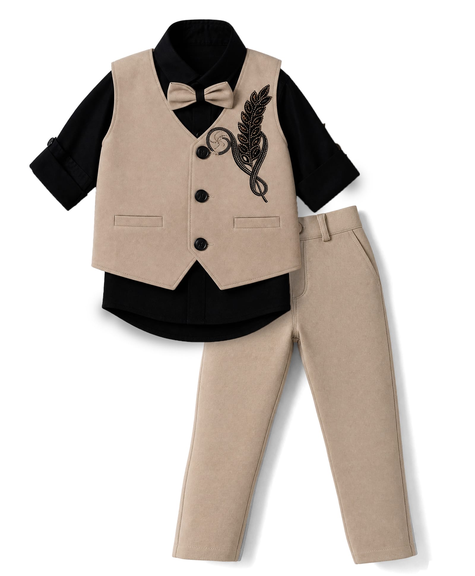 Rikidoos Cotton Woven Full Sleeve 3 Piece Party Suits With Stone Embellished & Bow - Tan & Black-picture-2