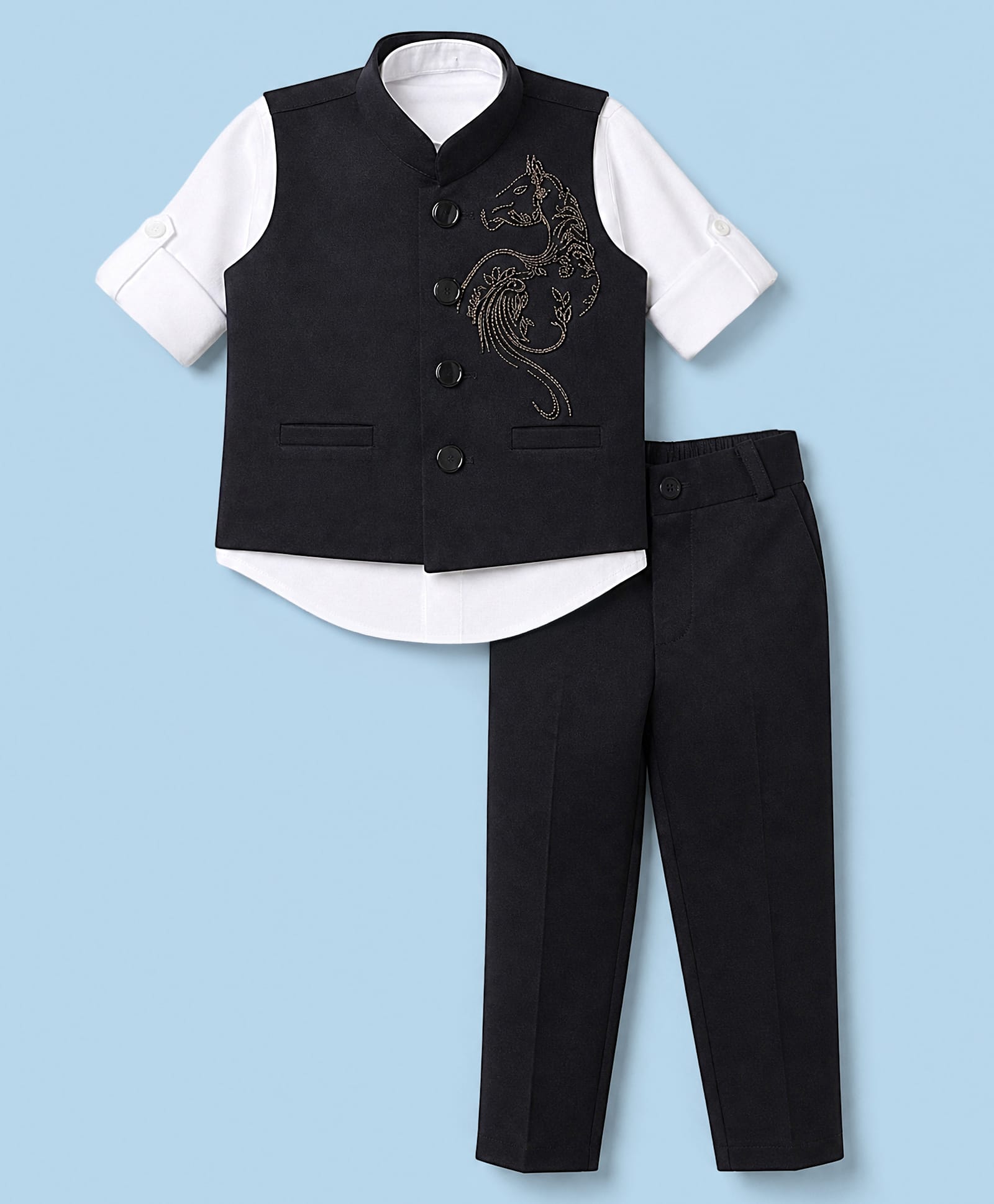 Rikidoos Cotton Woven Full Sleeve 3 Piece Party Suits With Stone Embellished & Bow - Navy & White-picture-16