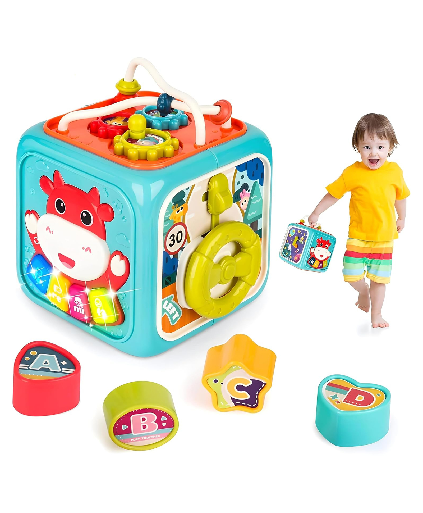 FUNVERSE 6 in 1 Montessori Activity Cube for Kids | Musical Sensory Learning Toy with Shape Sorter, Bead Maze, Piano Keyboard, Clock & Steering Wheel | Educational Toy for Babies & Toddlers-image-30