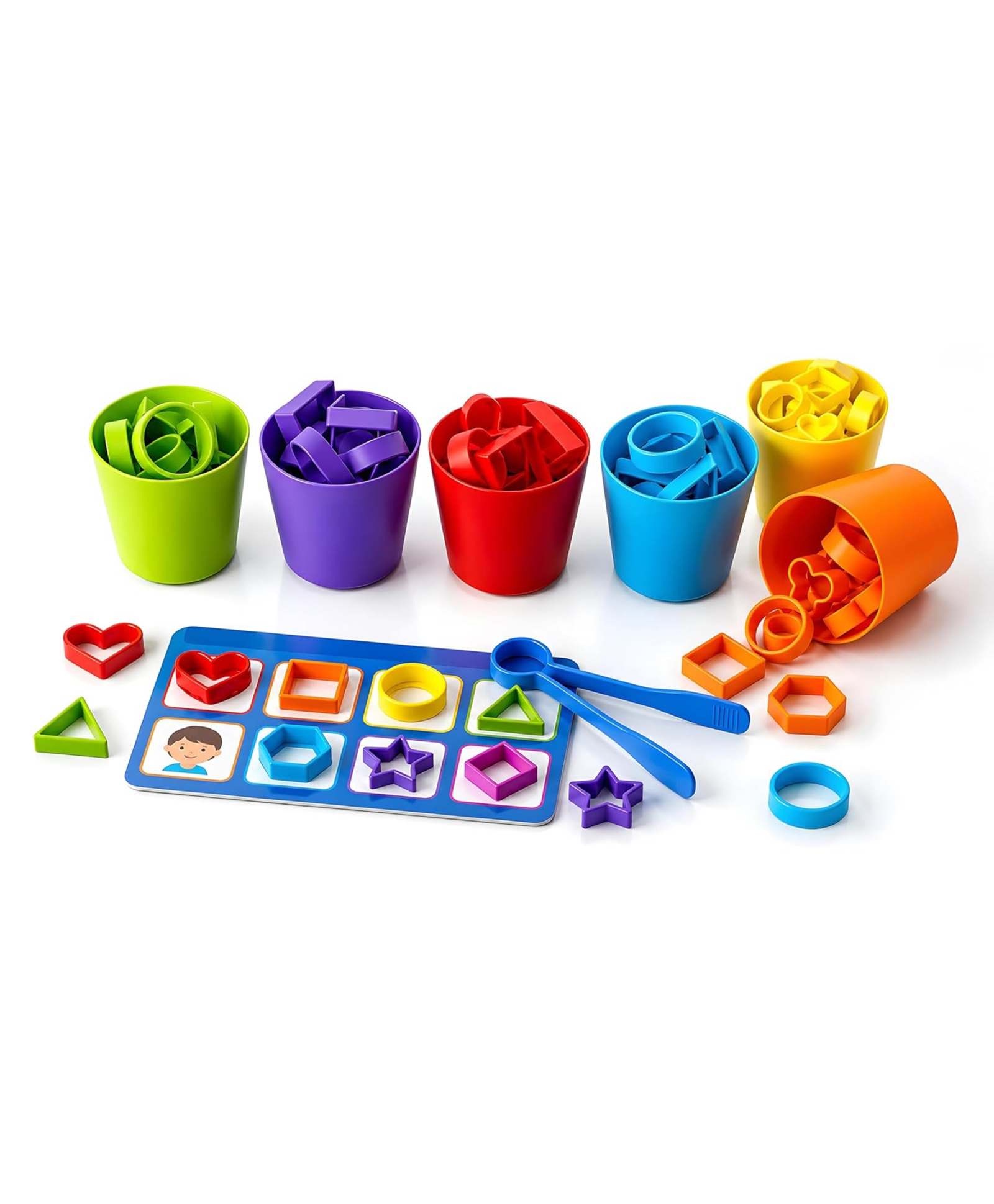 FUNVERSE Shape Shorting & Color Matching Toy for Kids| 64 Silicone Shapes with 8 Pattern, 6 Color Cups, 2 Tongs, Activity Board & Storage Bag | Montessori Learning Educational Toy for Kids-image-46