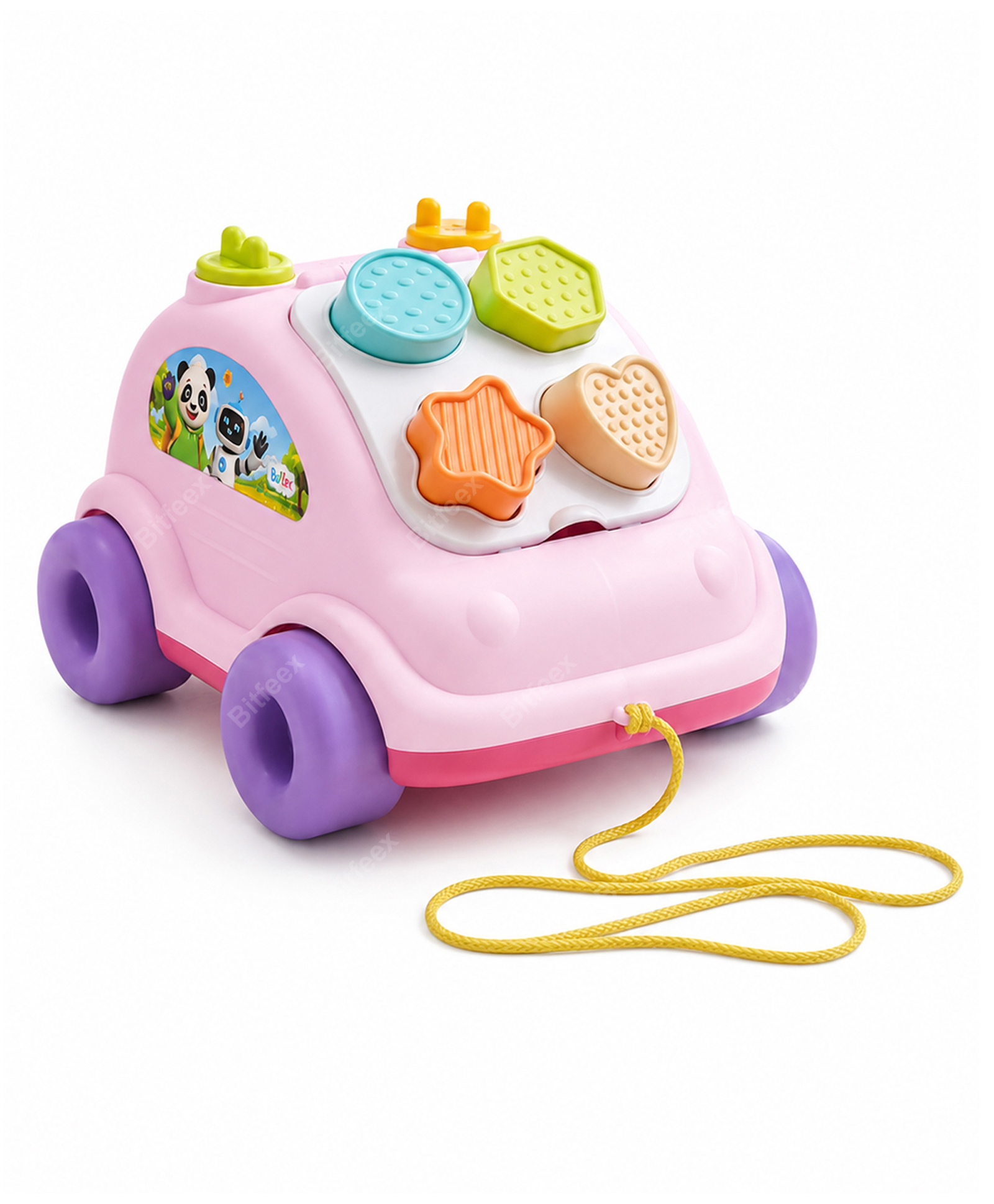 BitFeex Pull Along Shape Sorter Car Toy with 4 Colorful Shape Blocks | Educational Learning Toy for Toddlers | Shape Matching & Pull String Activity Car- Pink-image-29