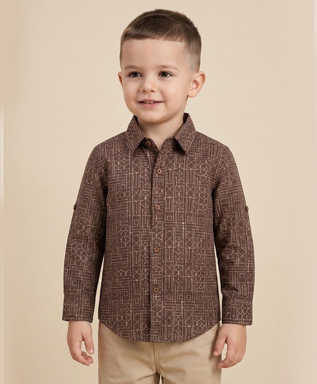 Rikidoos Cotton Woven Shirt with Full Sleeves and Geometric Print - Brown-picture-9