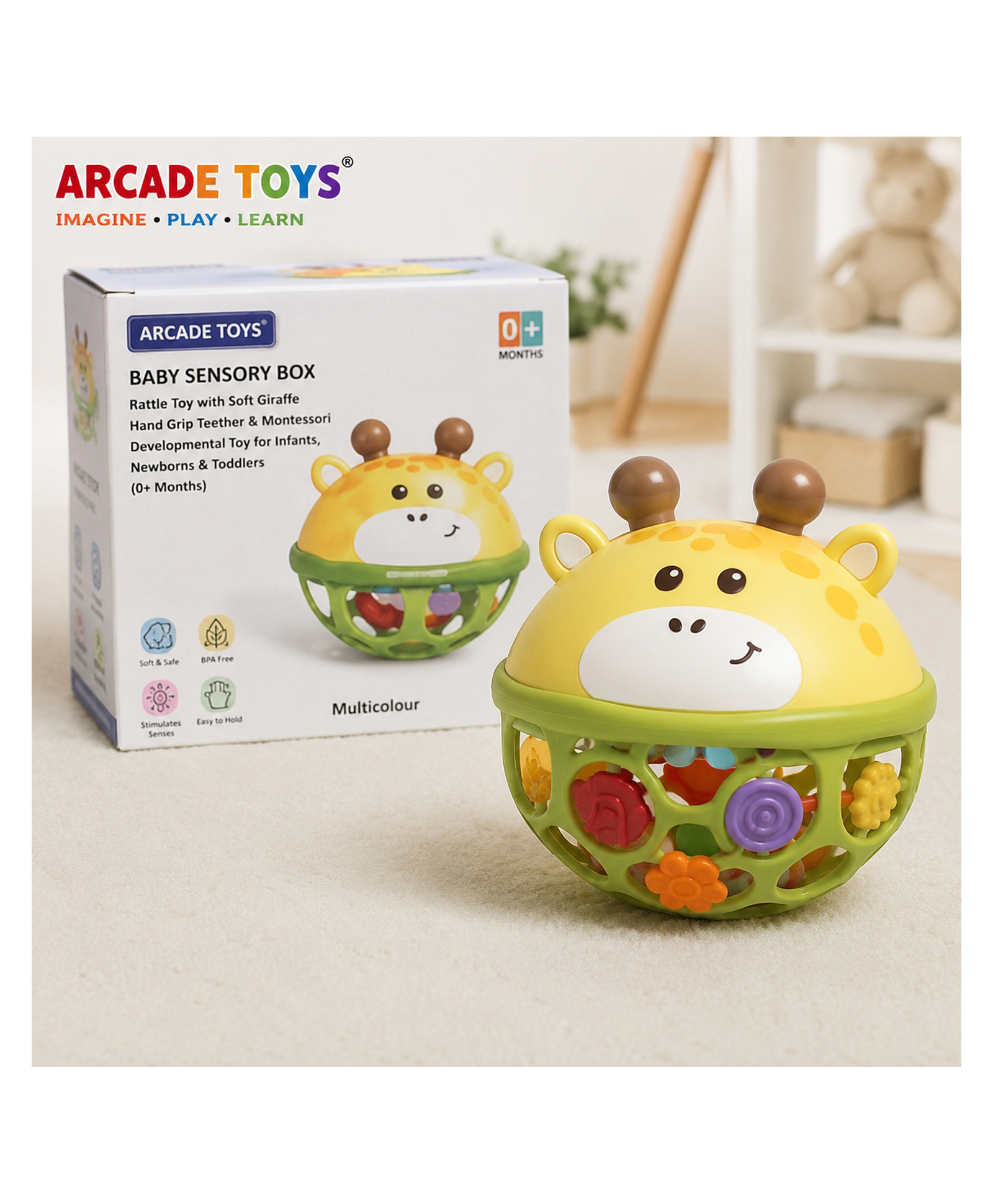 ARCADE TOYS Baby Giraffe Sensory Ball Rattle & Teether Soft BPA-Free Montessori Developmental Toy for Infants - Multicolour-image-46