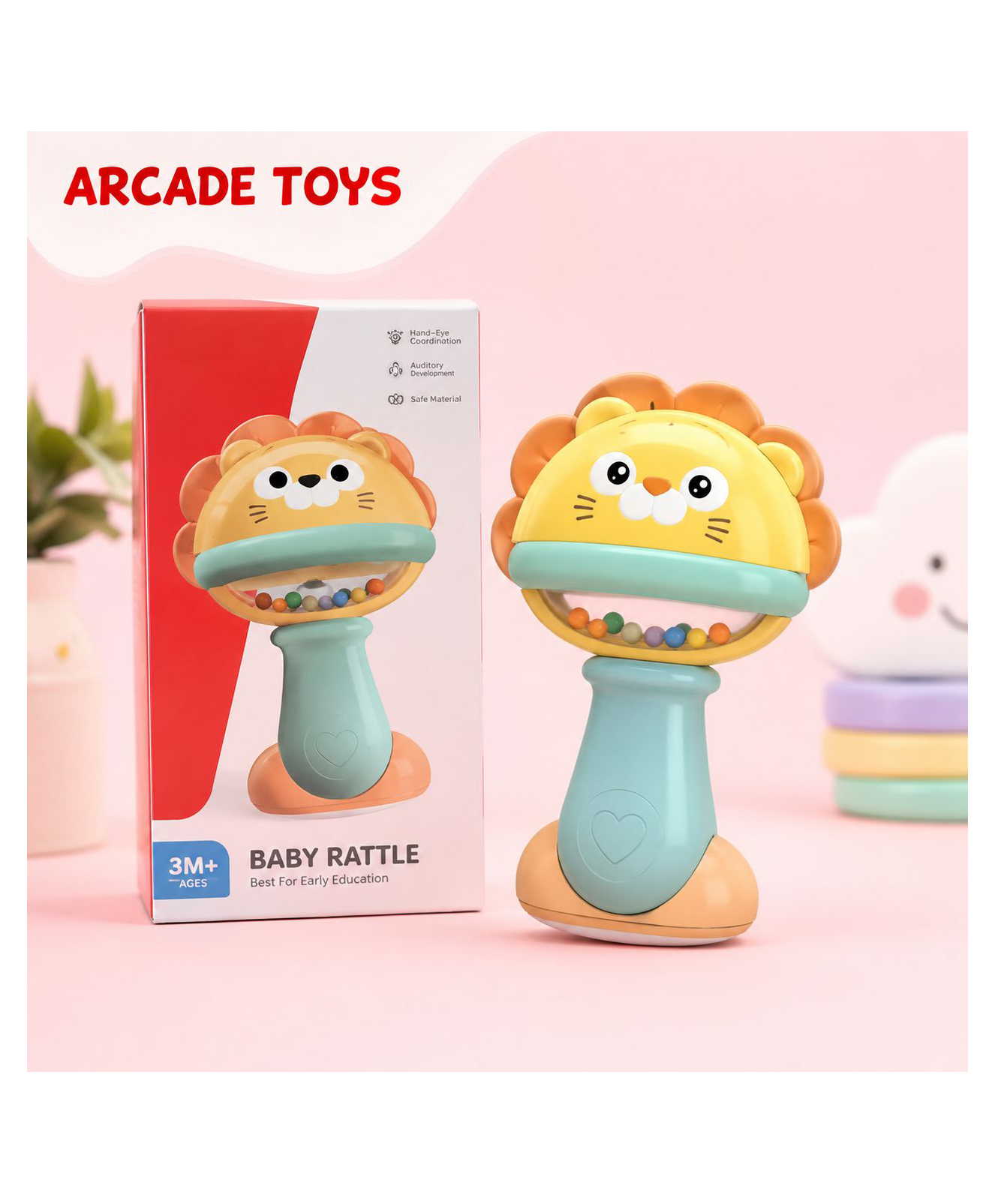 ARCADE TOYS Lion Baby Rattle Toy with Gentle Bell Sound | Easy Grip Sensory Toy for Infants & Toddlers | BPA-Free Educational Hand Rattle | Blue & Yellow-image-36