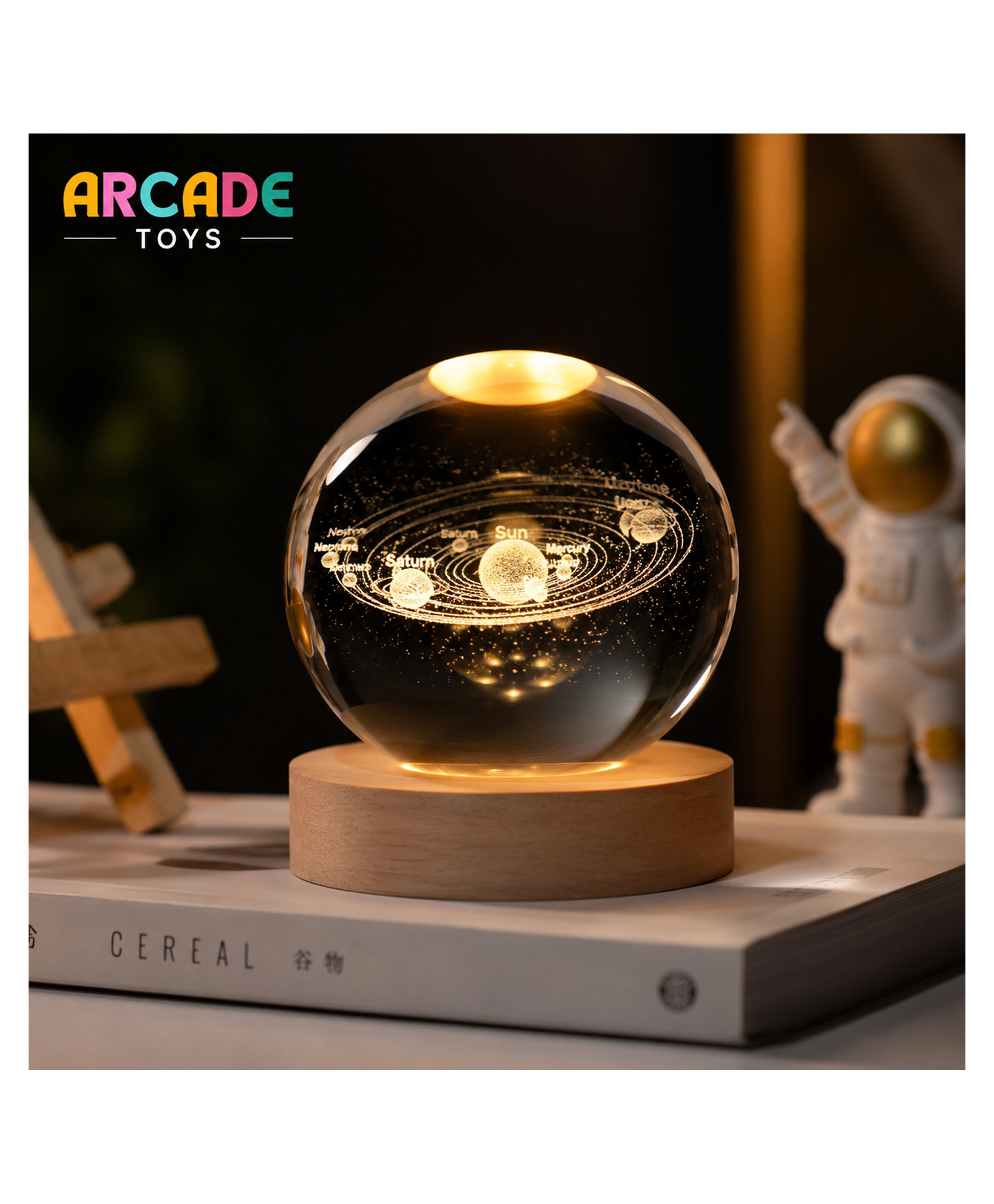 ARCADE TOYS Galaxy Crystal Ball 3D Solar System Night Light | USB Powered Glass LED Lamp with Wooden Base | Warm White | Multicolour-image-5