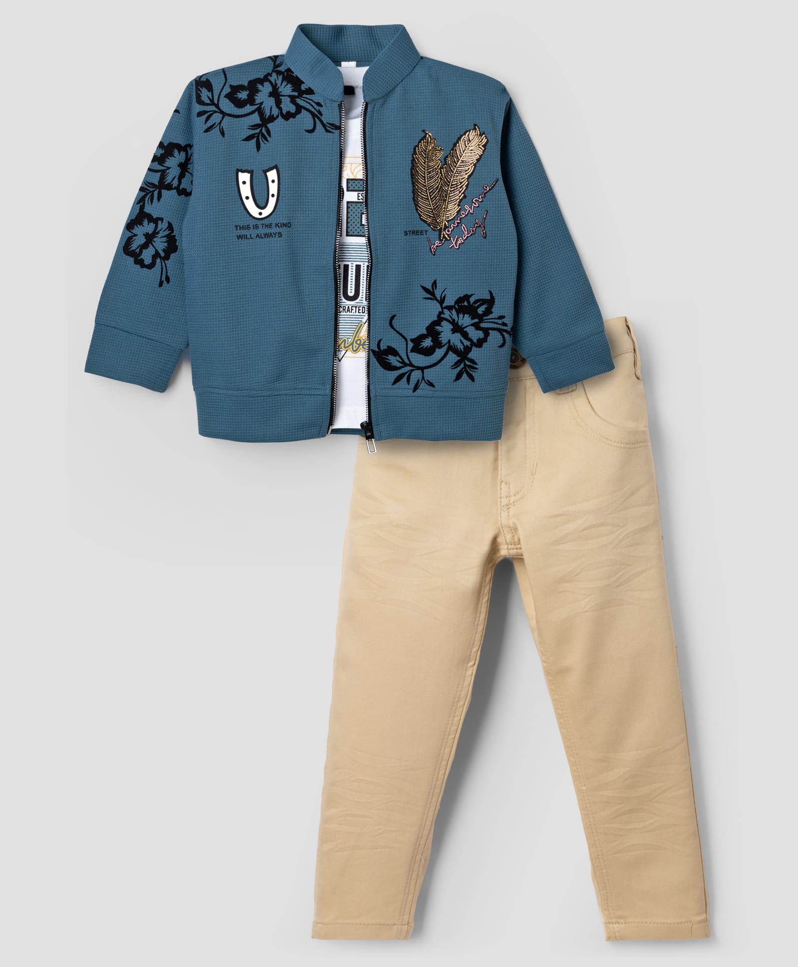 Radutu Cotton Woven Full Sleeve Embellished Jacket With Text Printed T-shirt & Pant - Teal Blue & Beige-picture-7