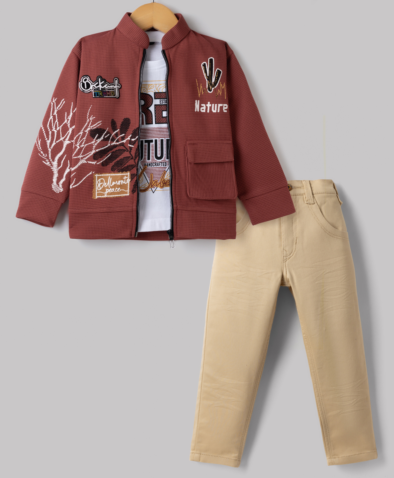 Radutu Cotton Woven Full Sleeve Embellished Jacket With Text Printed T-shirt & Pant - Dark Pink & Beige-picture-37