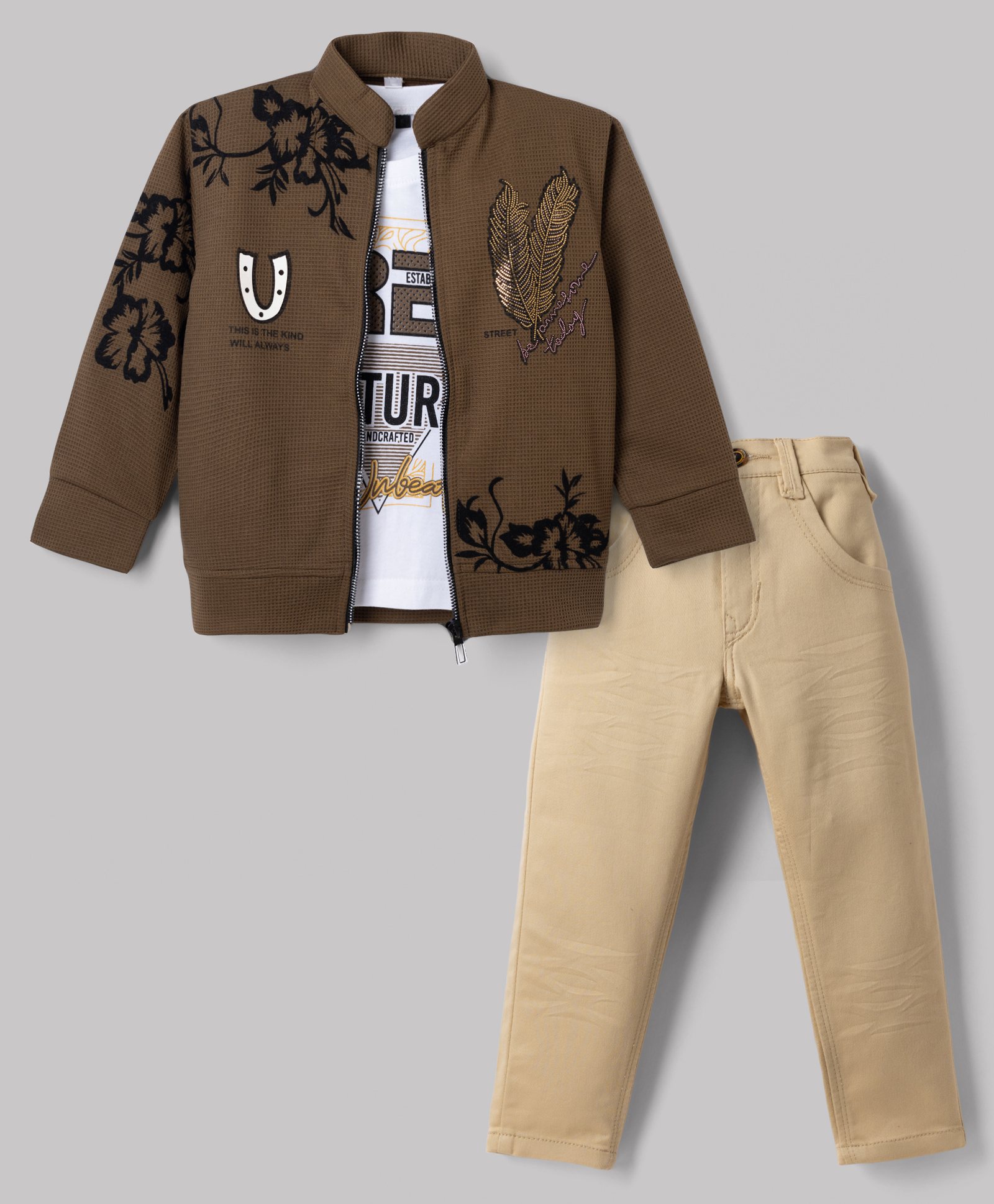 Radutu Cotton Woven Full Sleeve Embellished Jacket With Text Printed T-shirt & Pant - Brown & Beige-picture-25