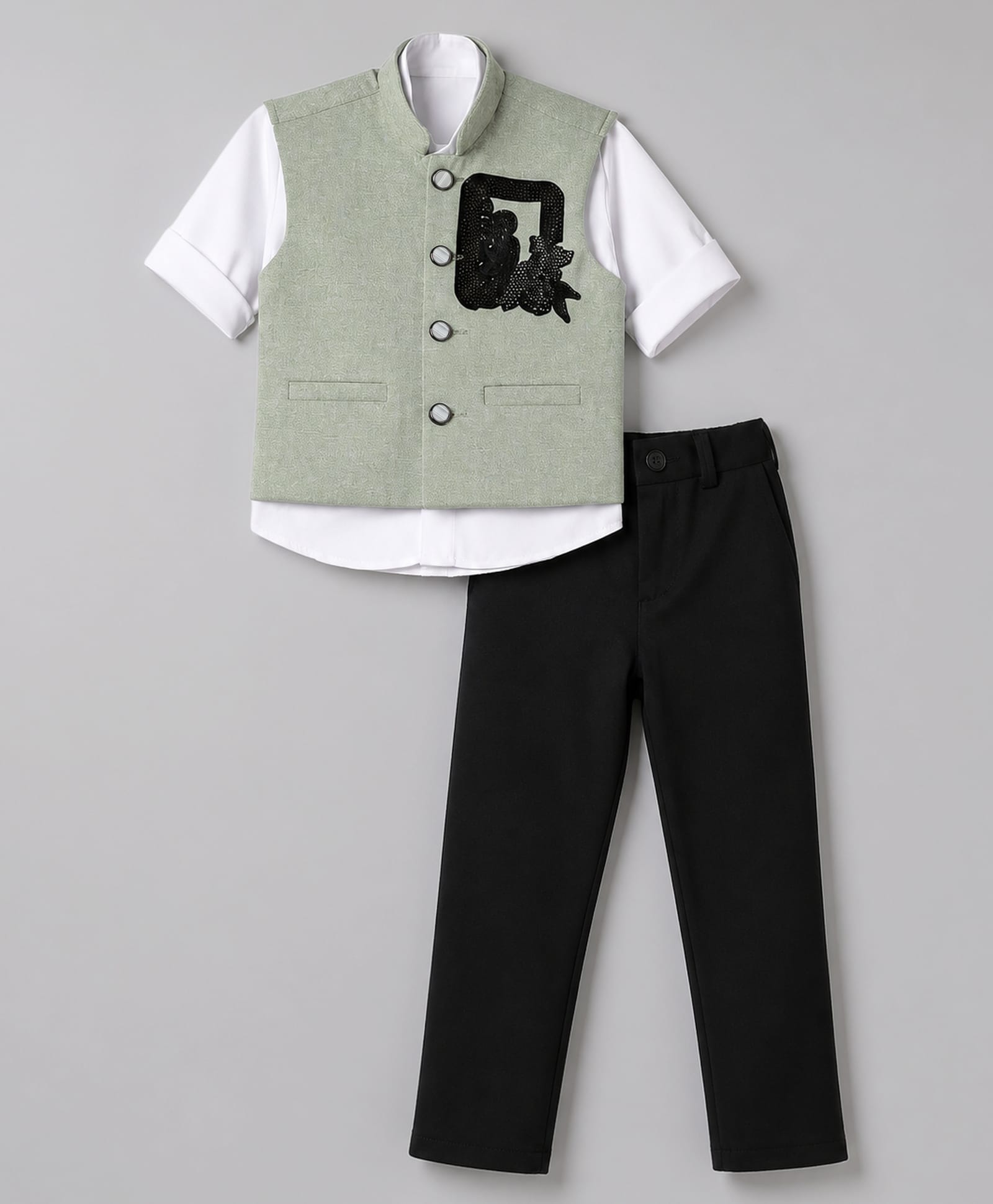 Radutu Cotton Woven Full Sleeves 3 Piece Set Party Suits With Embellished Waist Coat & - Light Green & Black-picture-12