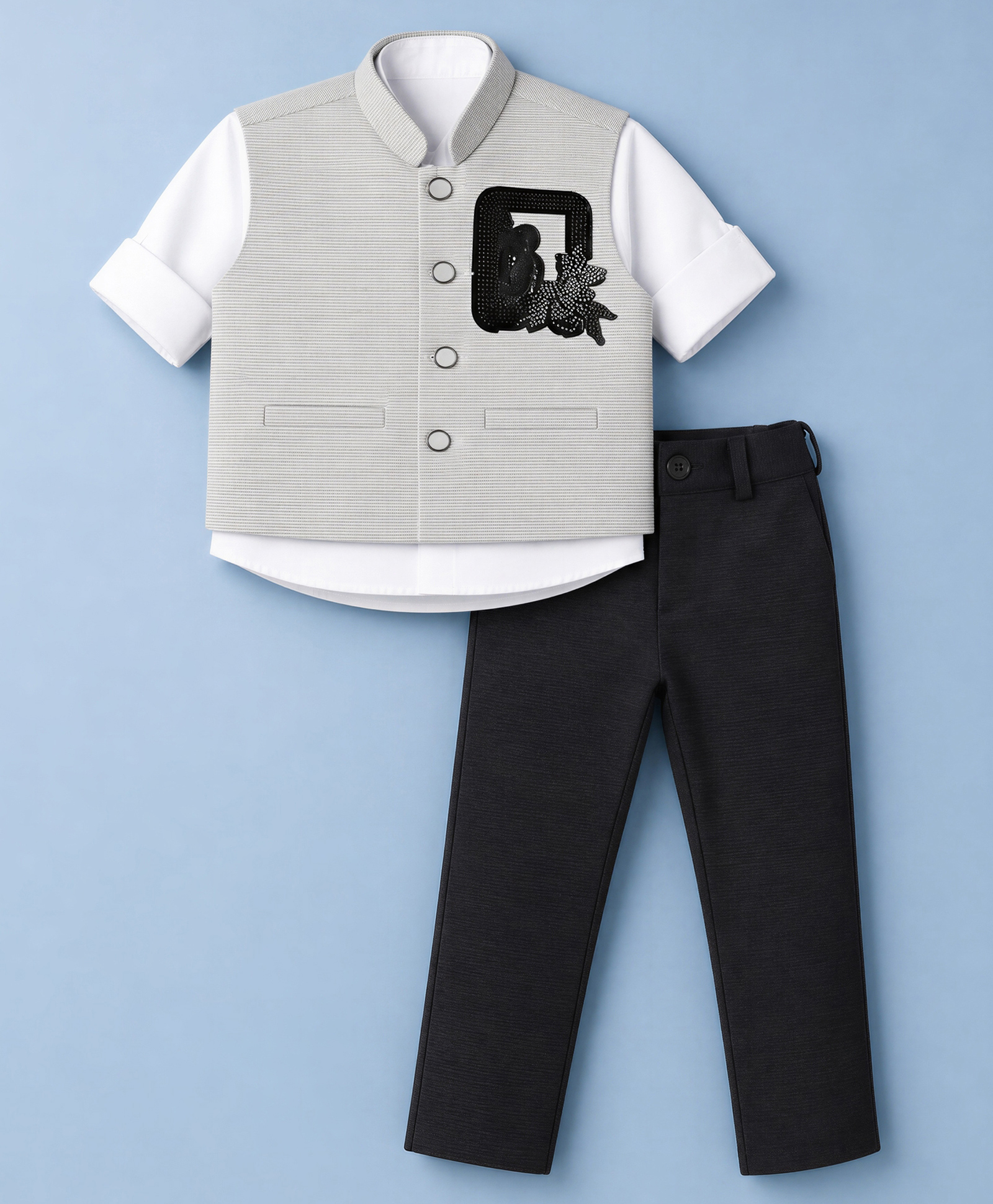 Radutu Cotton Woven Full Sleeves 3 Piece Set Party Suits With Embellished Waist Coat & - Grey & Dark Grey-picture-18