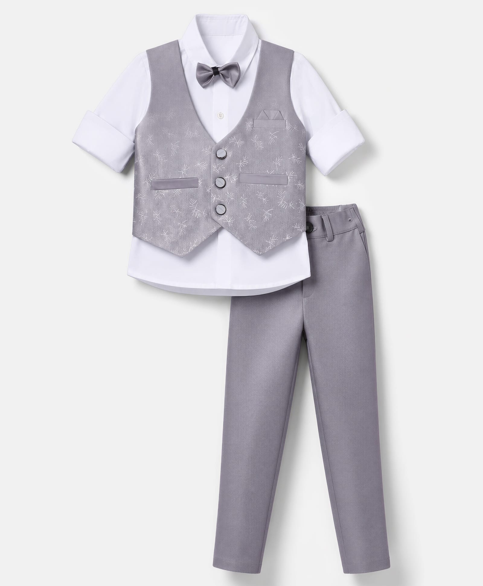 Radutu Cotton Woven Full Sleeves 3 Piece Set Party Suits With Embellished Waist Coat & Bow Tie - Grey & White-picture-36