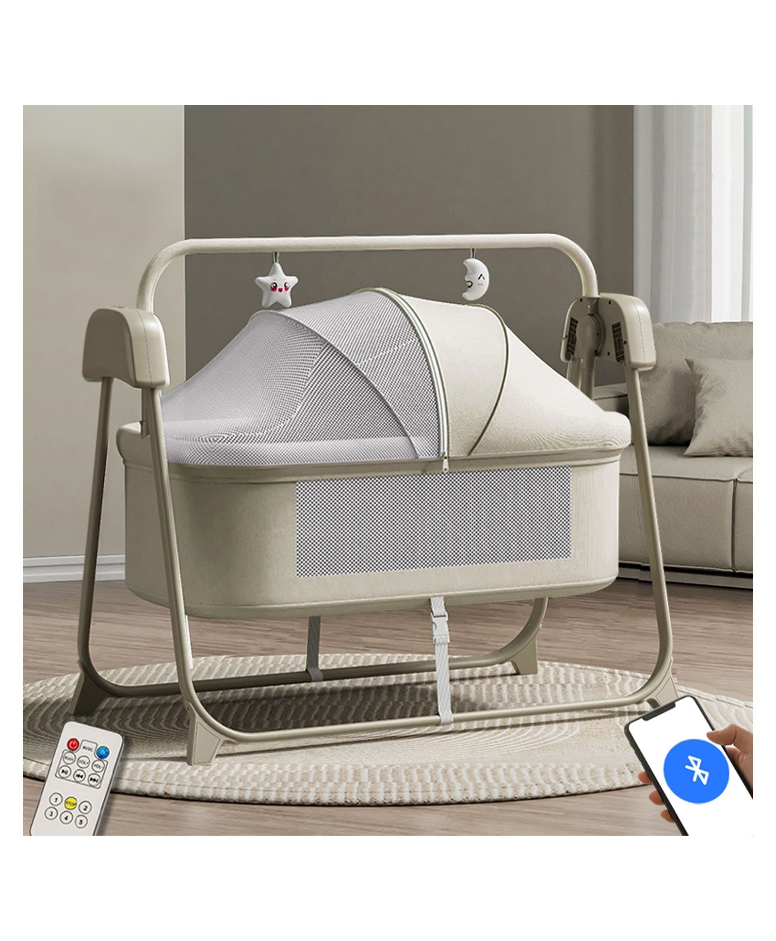 Infantso Smart Electric Baby Cradle Swing Bluetooth & Remote Control, Customizable Swing Time,Adjustable 5-Speeds, Soft Mattress, Safe & Spacious Palna/Jhula -Khaki-image-28
