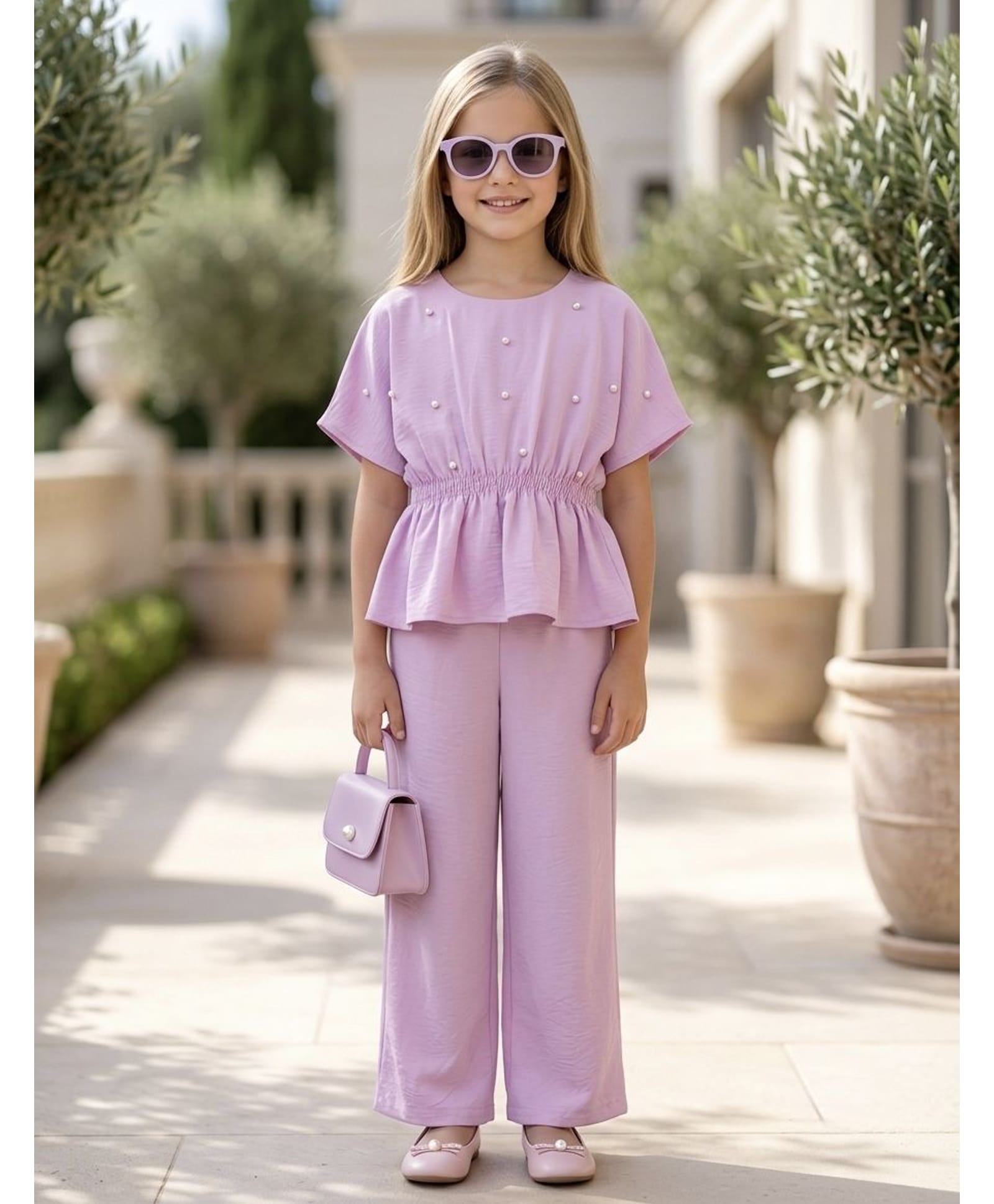 TRUFFLES Cotton Blend Woven Half Sleeves Pearls Embellished Top & Palazzo Set - Lavender-image-33